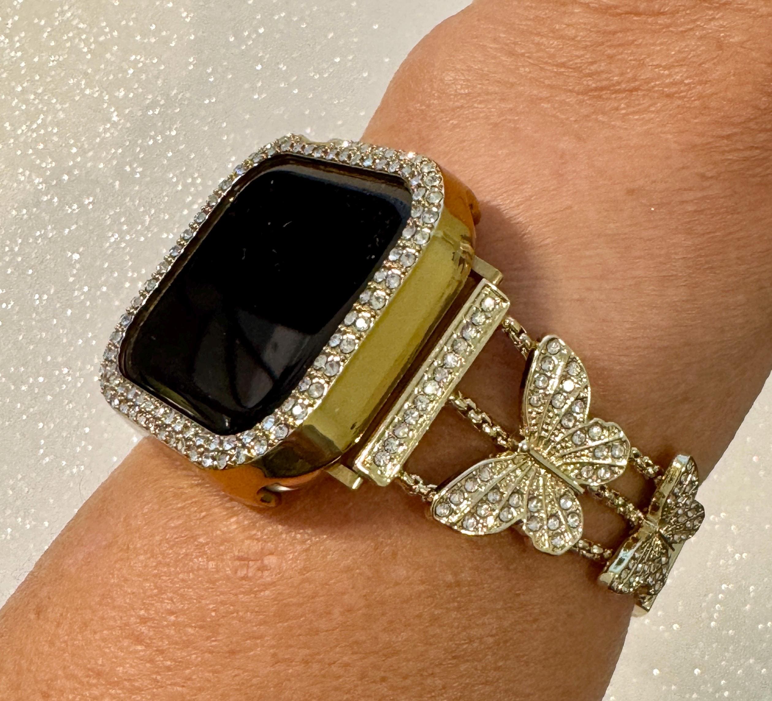 Butterfly Apple Watch Band Series 10 Woman Yellow Gold Swarovski Crystals & or Apple Watch Case Protective Iphone Watch Cover 38mm-49mm