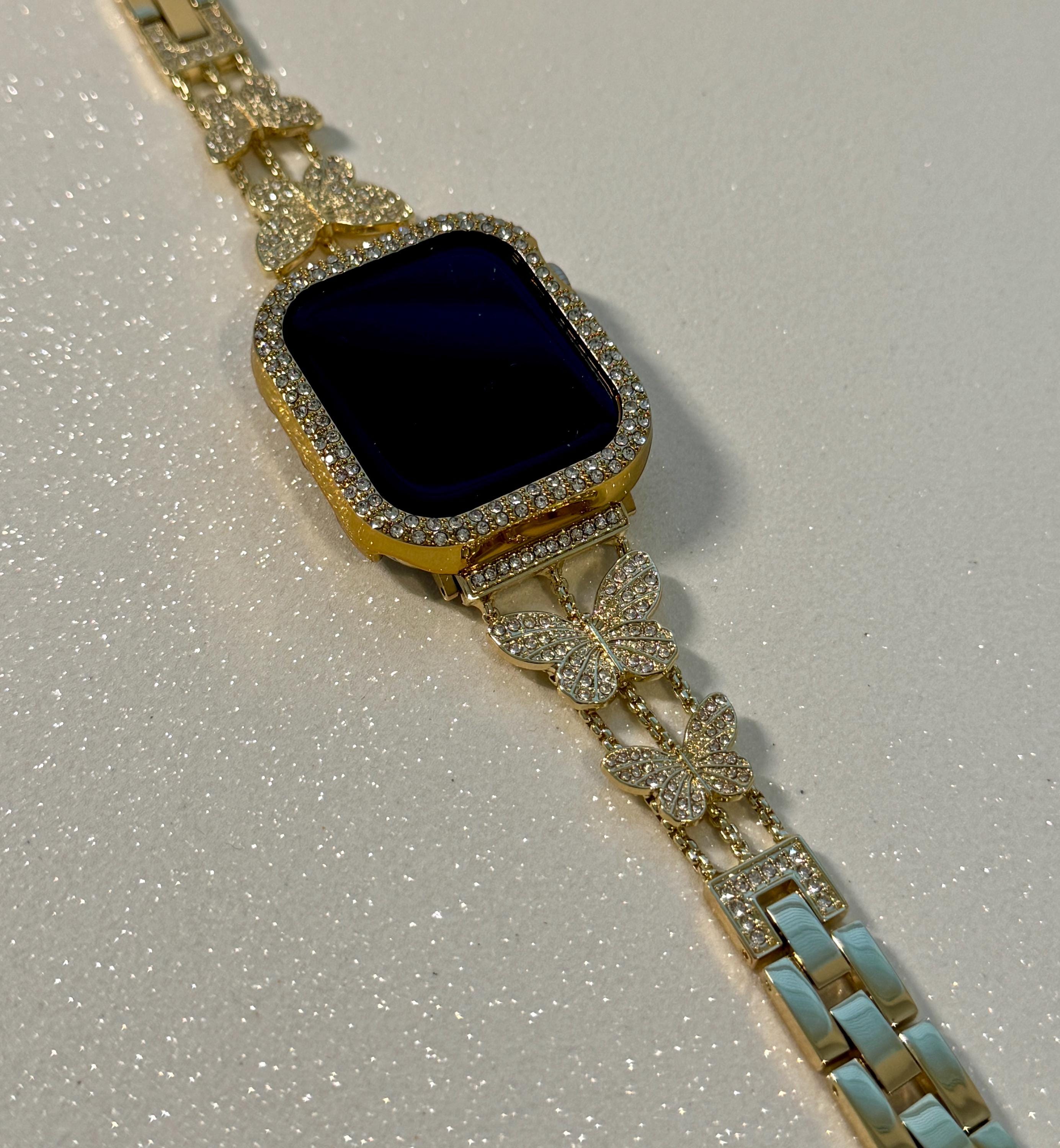 Butterfly Apple Watch Band Series 10 Woman Yellow Gold Swarovski Crystals & or Apple Watch Case Protective Iphone Watch Cover 38mm-49mm