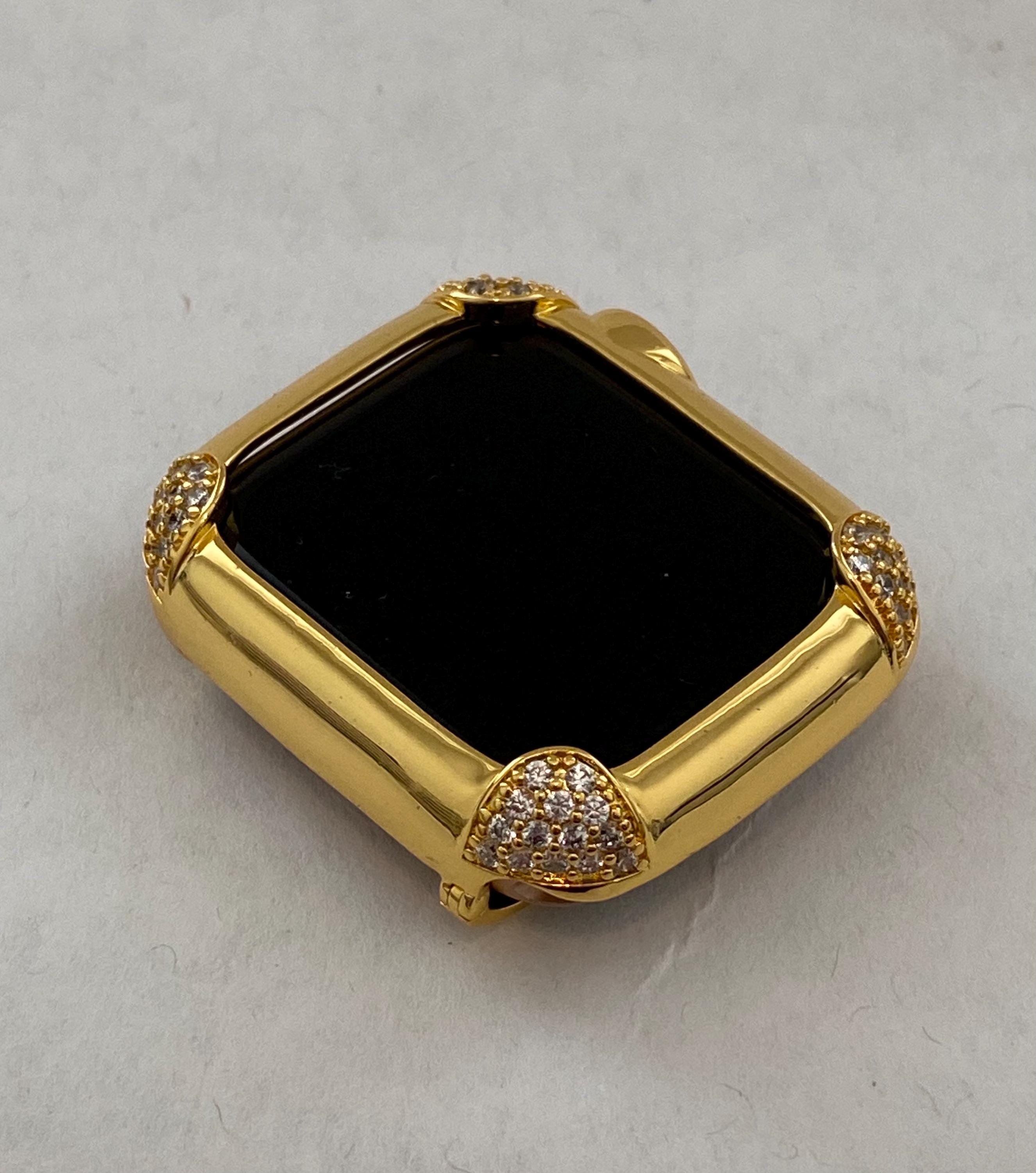 Apple Watch Bezel Cover Yellow Gold with Lab Diamonds Metal Iwatch Case for 40 44mm Custom Handmade Iphone Watch Case
