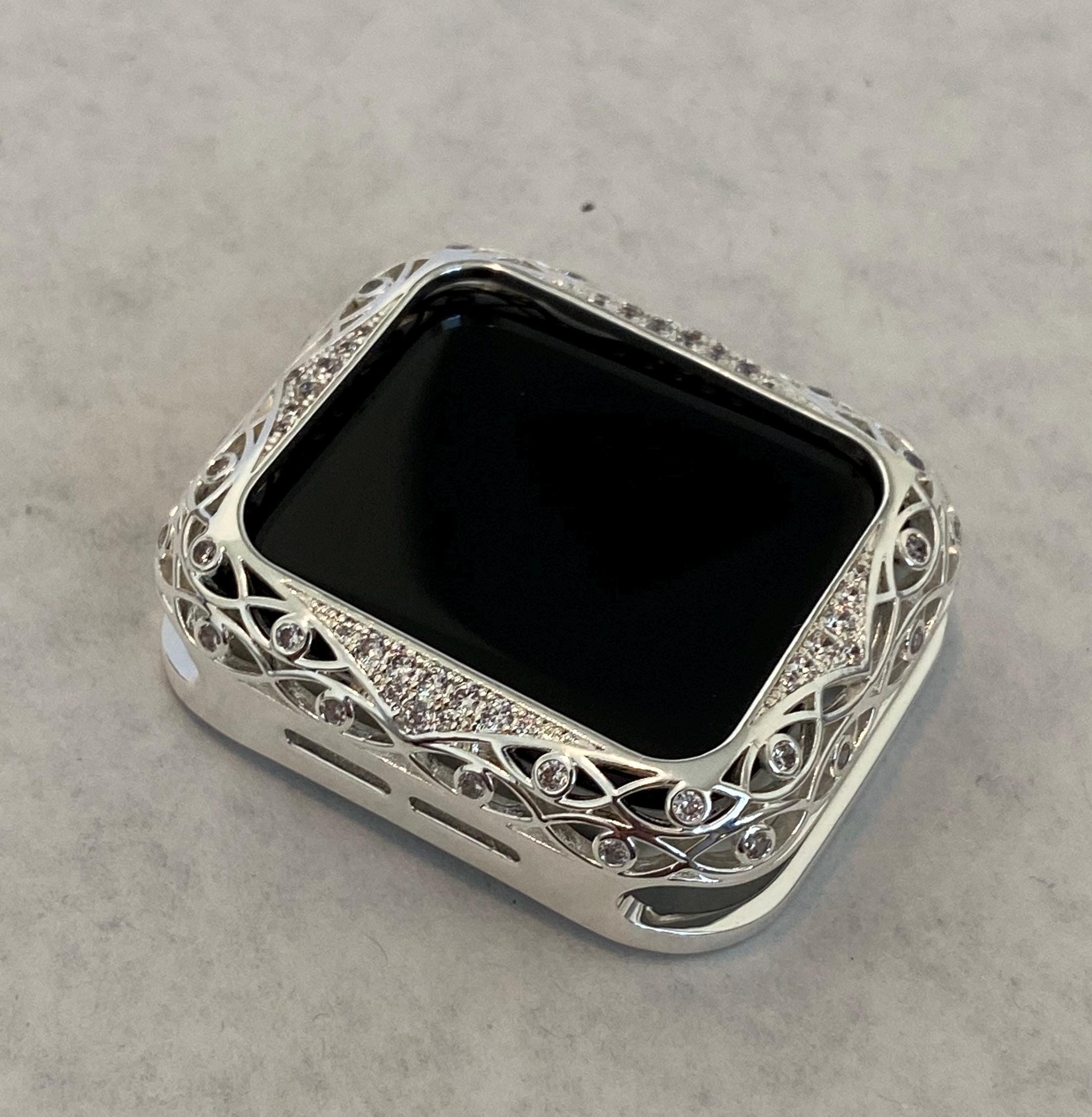 Silver Apple Watch Bezel Cover with Swarovski Crystals in a Lace Design Protective Metal Bumper Case sizes 38 40 42 44mm Custom Handmade by Iwatch Candy