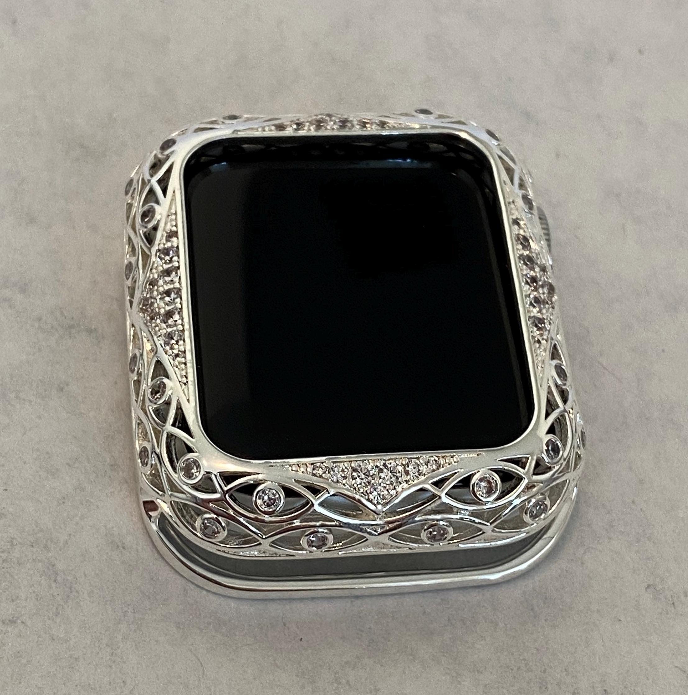 Series 10 Apple Watch Cover Silver Lace Design Metal Protective Bumper Apple Watch Case Swarovski Crystals 38mm-46mm Custom Iwatch Candy