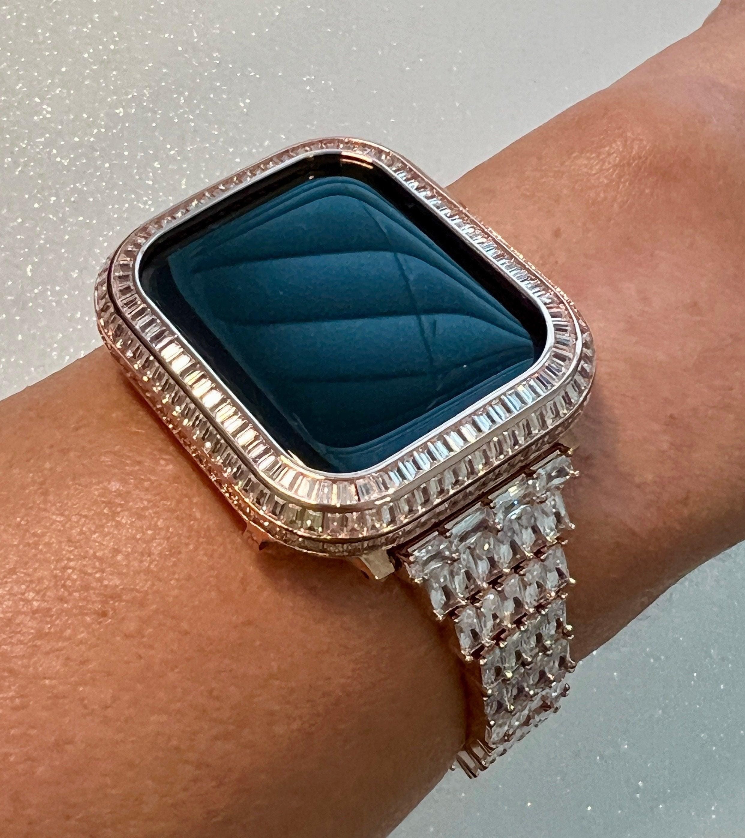 Rose Gold Apple Watch Band Women Crystal Baguettes & or Apple Watch Cover Lab Diamond Bezel Apple Watch Case Iwatch Candy Bling 41mm 45mm