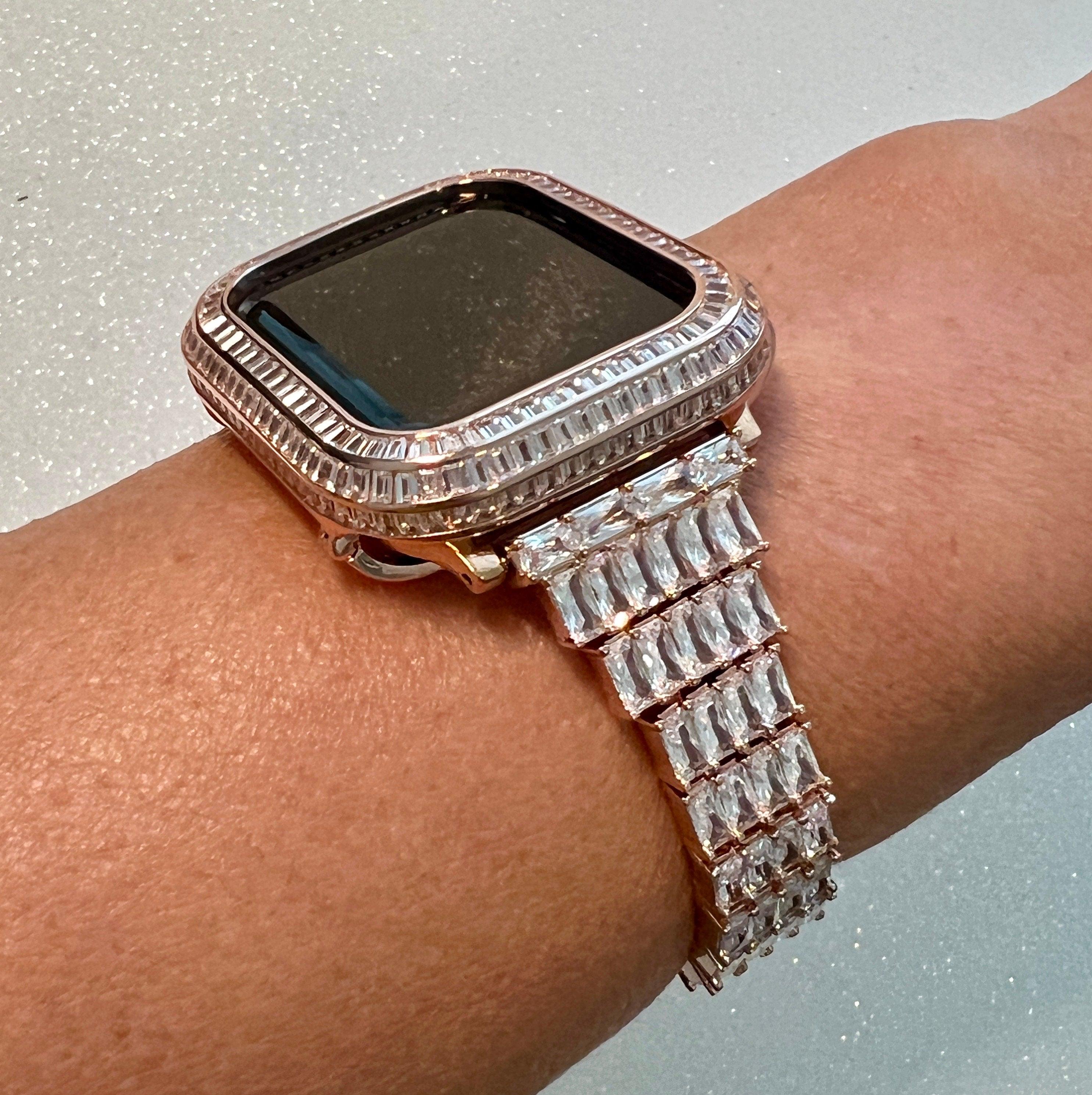 Rose Gold Apple Watch Band Women Crystal Baguettes & or Apple Watch Cover Lab Diamond Bezel Apple Watch Case Iwatch Candy Bling