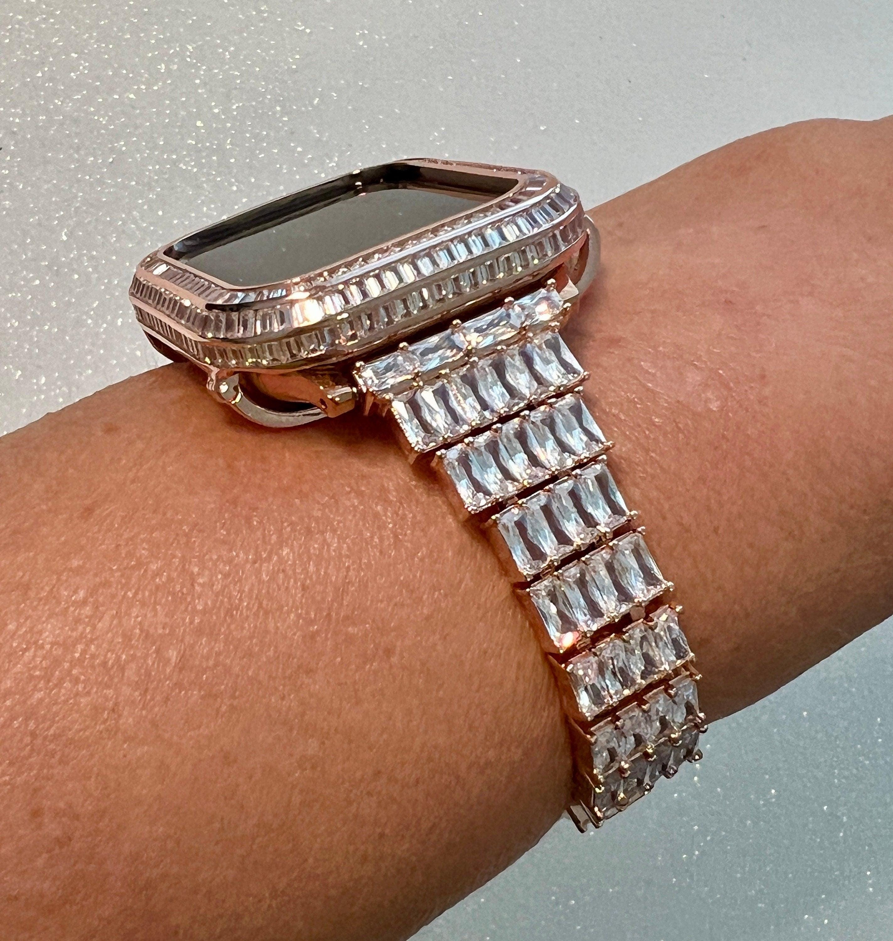 Rose Gold Apple Watch Band Women Crystal Baguettes & or Apple Watch Cover Lab Diamond Bezel Apple Watch Case Iwatch Candy Bling