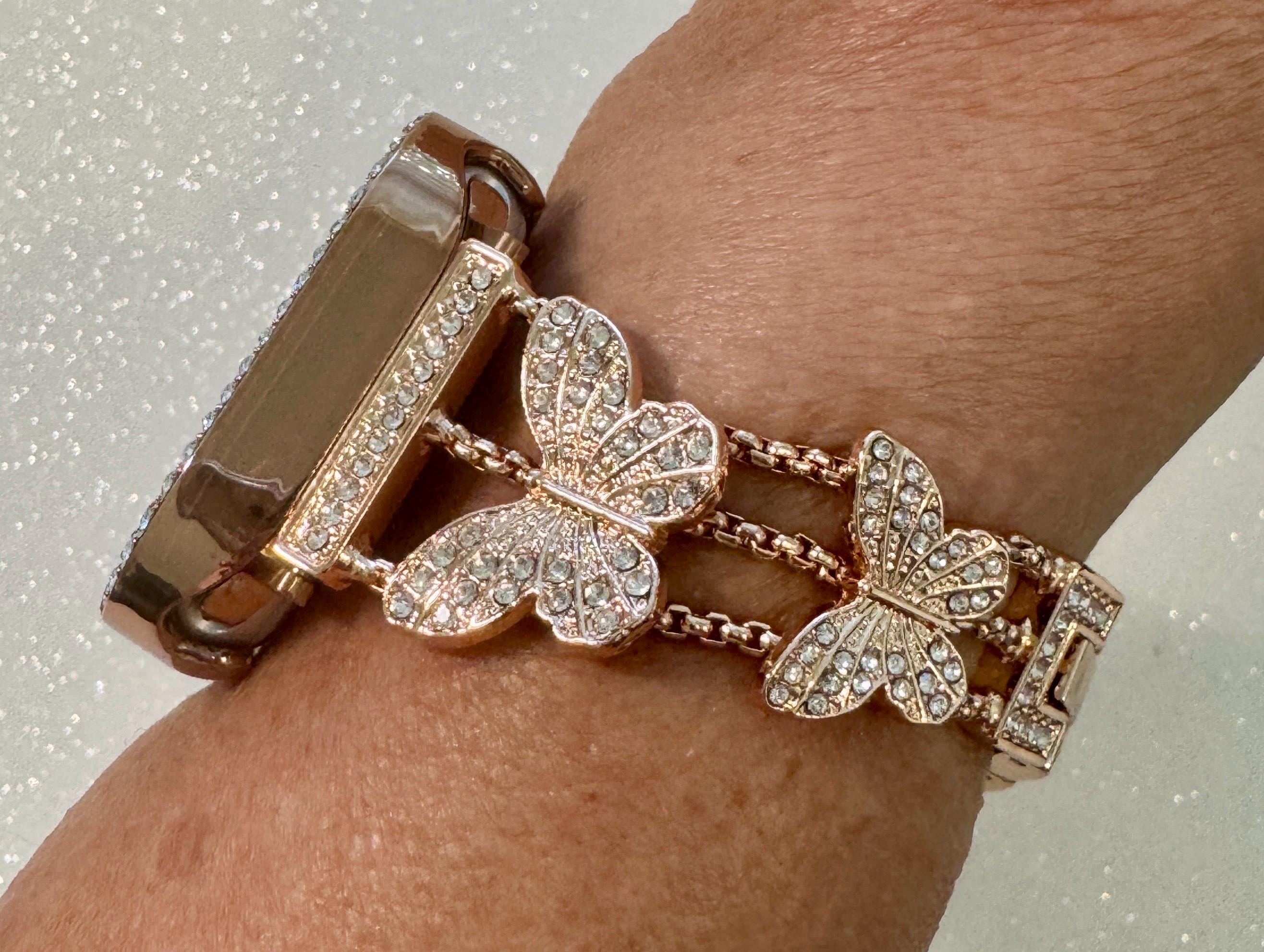 Butterfly Apple Watch Band Series 10 Woman Rose Gold Swarovski Crystals & or Apple Watch Case Protective Iphone Watch Cover 38mm-49mm