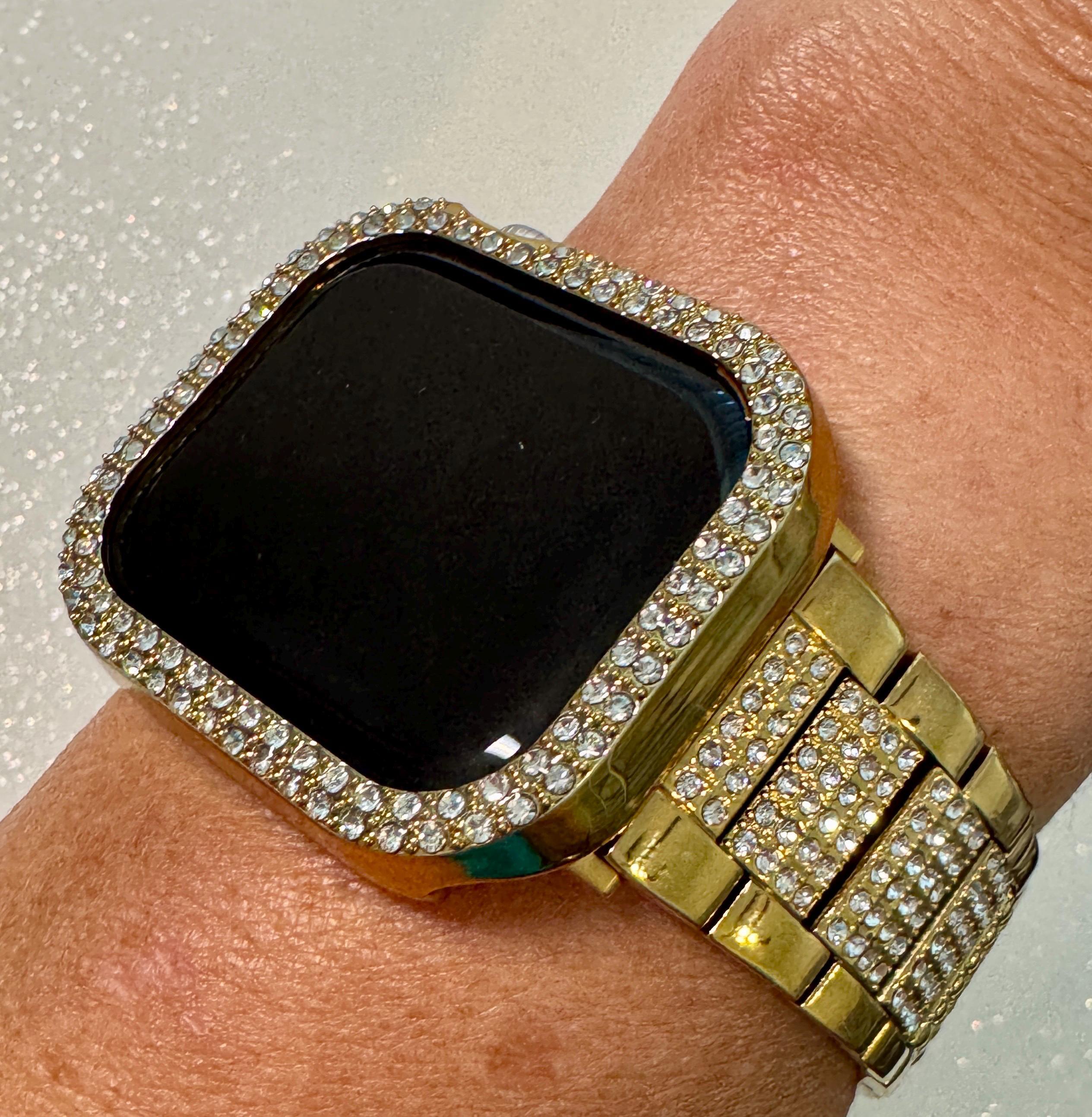 Apple Watch Band 42mm 46mm Series 10 Gold Stainless Steel & or Apple Watch Cover Swarovski Crystal Protective Iphone Watch Case Iwatch Candy