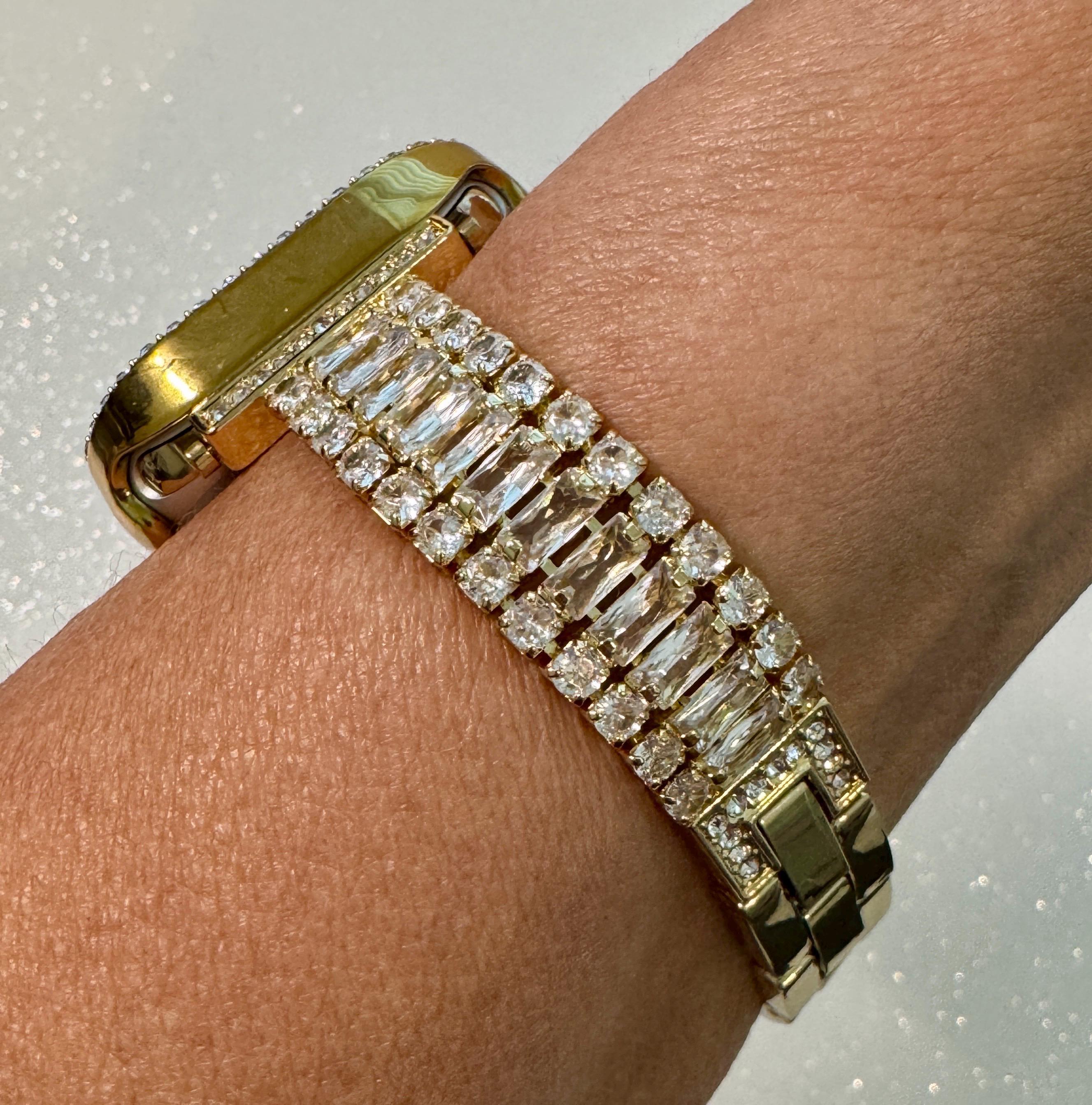 42mm 46mm Apple Watch Band Series 10 Womens Swarovski Crystals & Gold Apple Watch Case 38mm-49mm 38mm-49mm Protective Iwatch Cover Bling