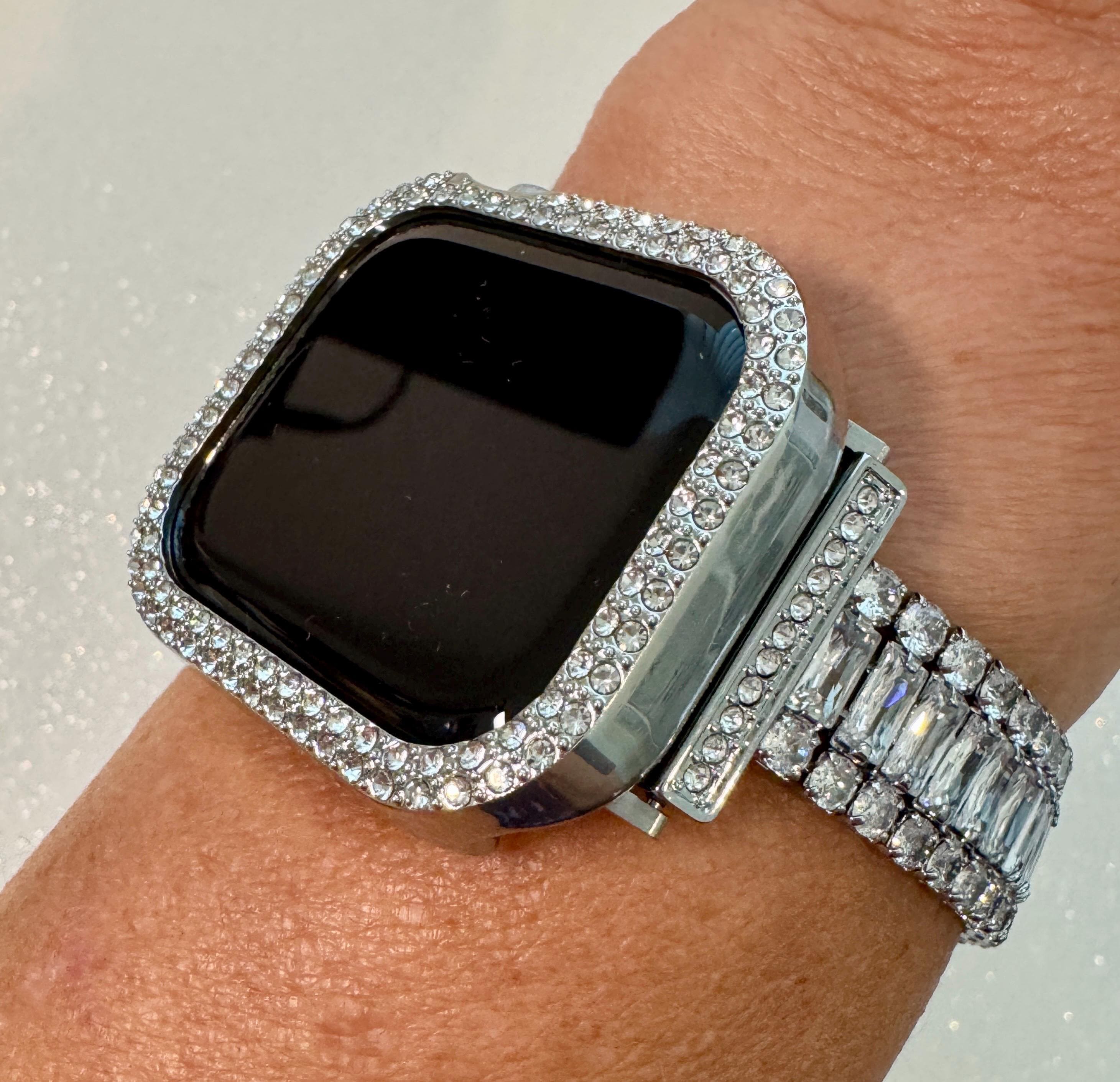 42mm 46mm Apple Watch Band Series 10 Womens Silver Swarovski Crystals & or Apple Watch Case Lab Diamond Bezel Iphone Watch 38mm-49mm Ultra
