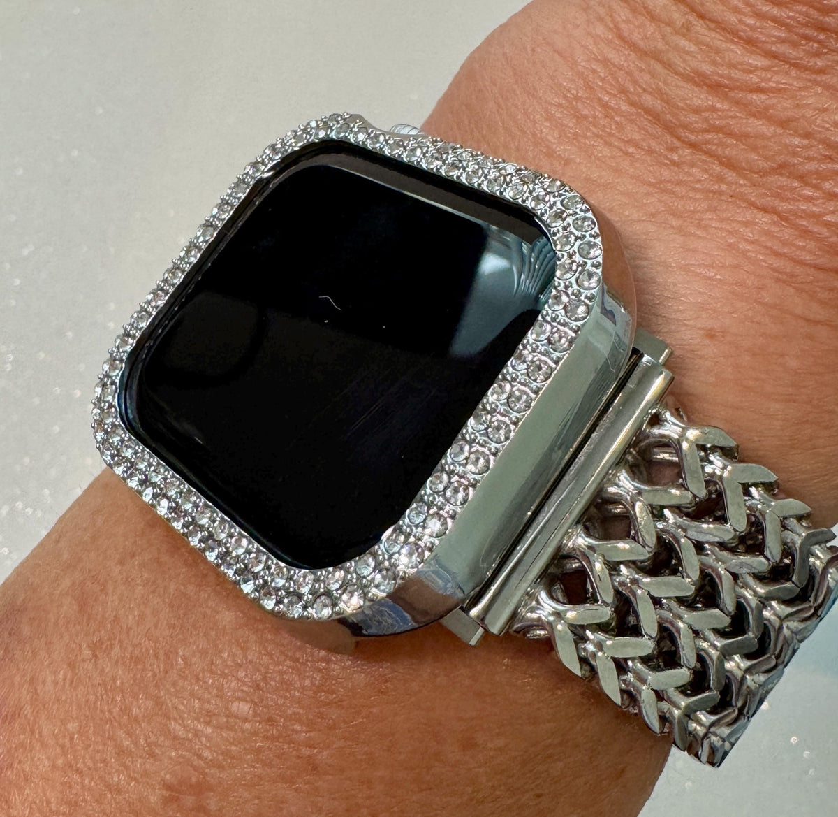 Silver Apple Watch Band Series 10 Stainless Steel Women & or Apple Watch Case Swarovski Crystal 38mm-49mm Ultra Protective Iphone Watch Case
