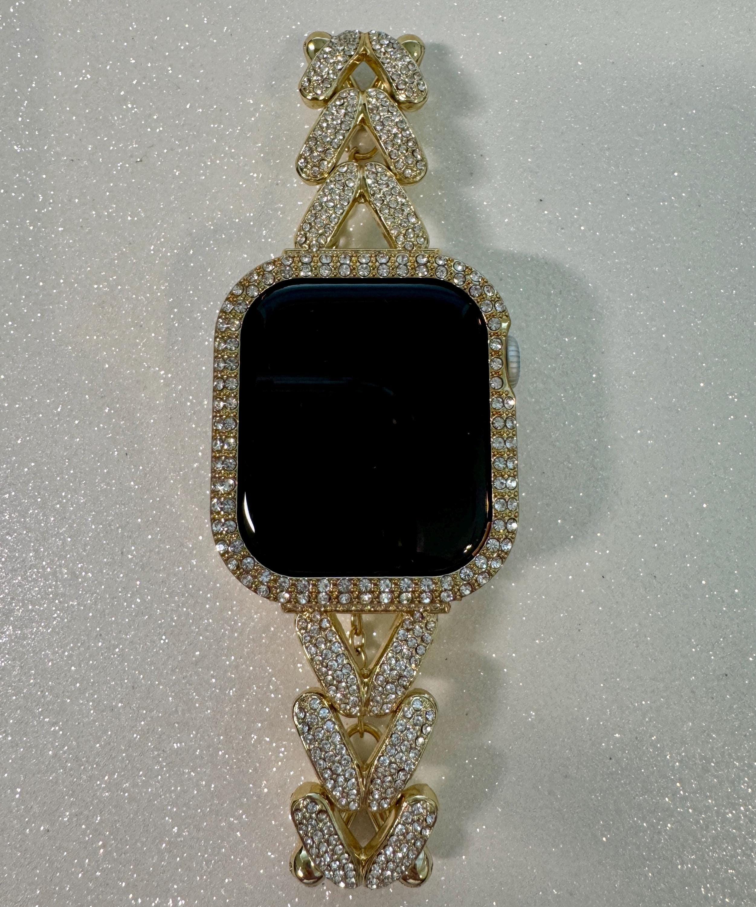 Designer Apple Watch Band Series 10 Woman Rose Gold Swarovski Crystal Heart Charm & or Apple Watch Case Iphone Watch 38mm-49mm IWatch Cover