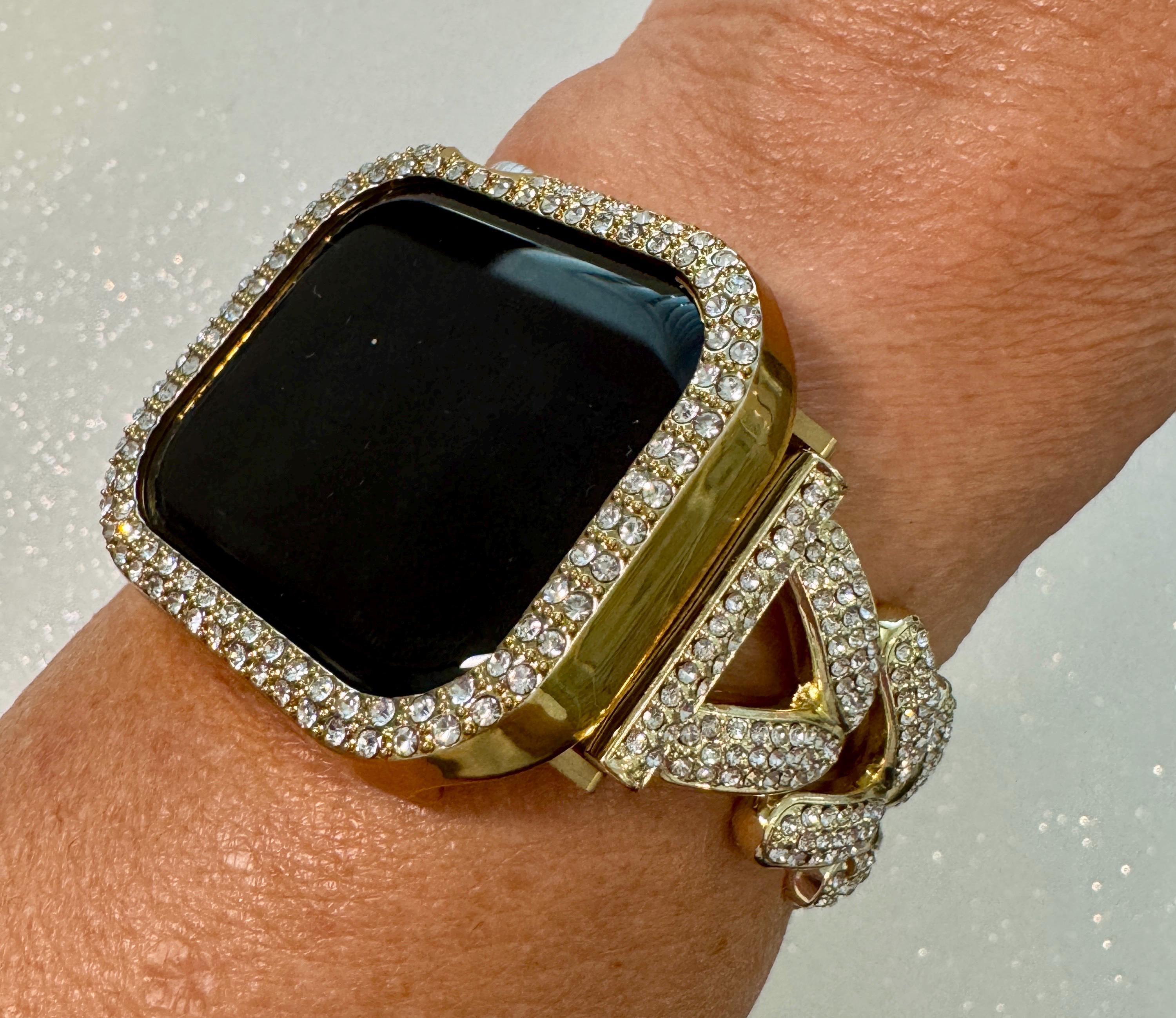 Designer Apple Watch Band Series 10 Woman Rose Gold Swarovski Crystal Heart Charm & or Apple Watch Case Iphone Watch 38mm-49mm IWatch Cover