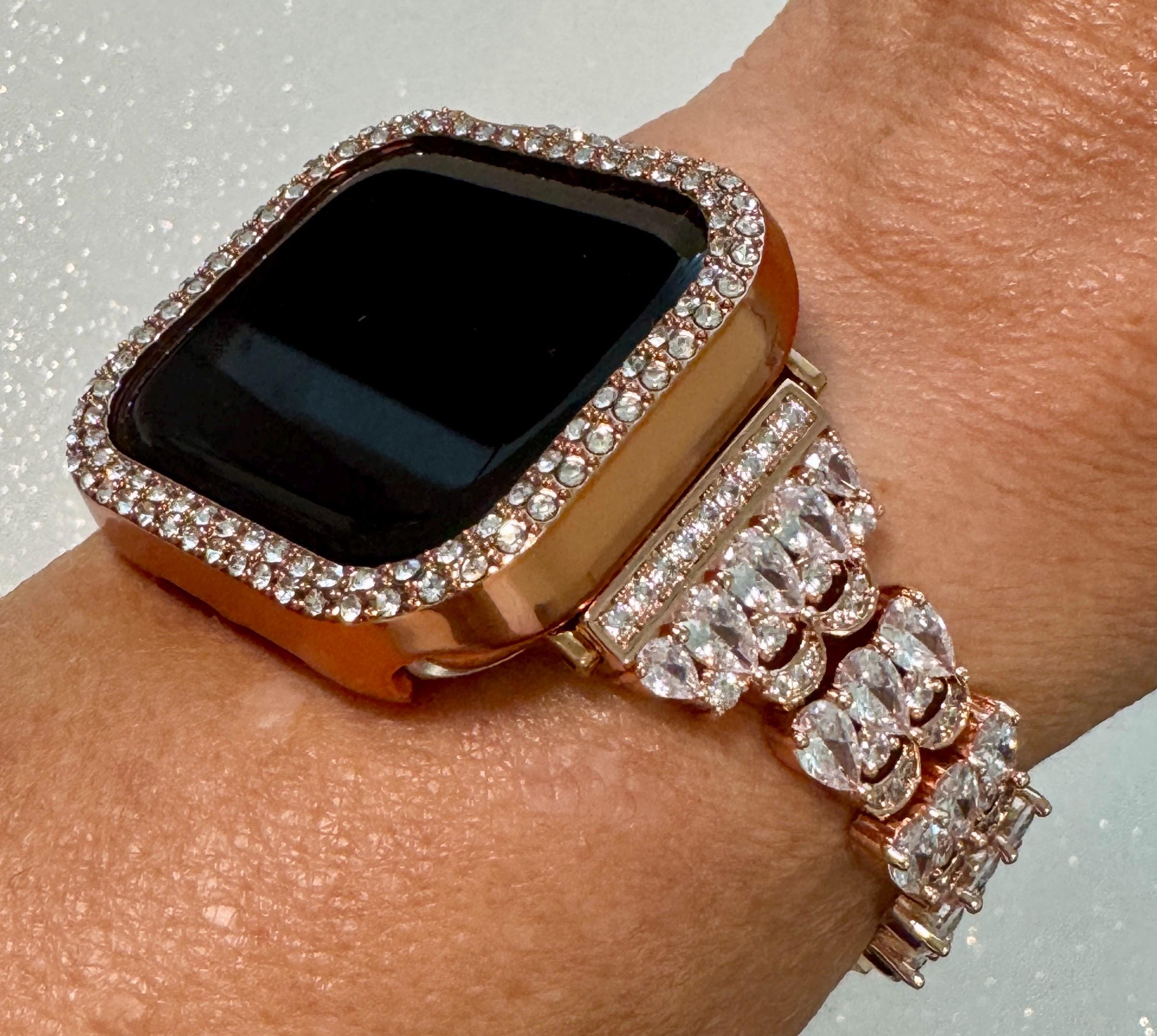 Series 10 Apple Watch Band Women Rose Gold Swarovski Crystals & or Apple Watch Case for Iphone Watch Protective Iwatch Cover Bling 38-49mm