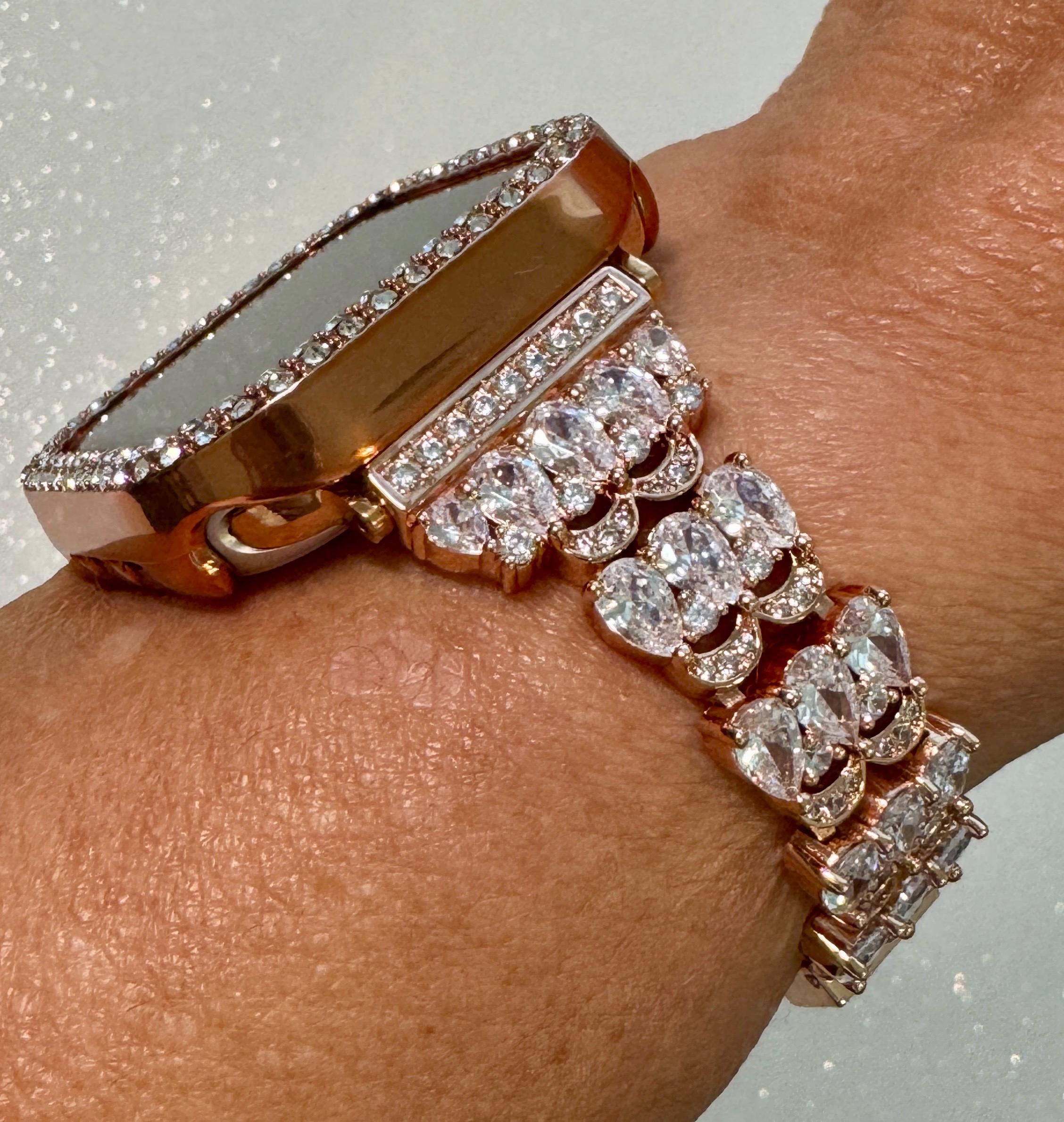 Series 10 Apple Watch Band Women Rose Gold Swarovski Crystals & or Apple Watch Case for Iphone Watch Protective Iwatch Cover Bling 38-49mm