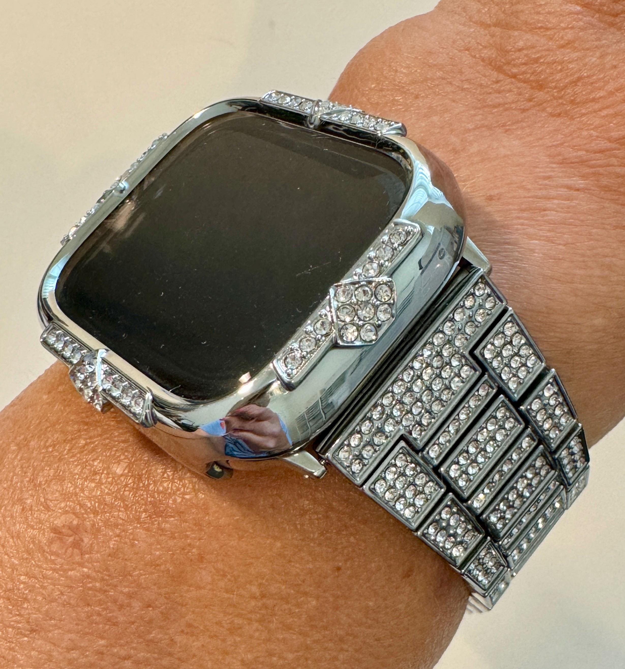 Silver Apple Watch Band 41mm Women Bracelet Swarovski Crystal & or Apple Watch Case Swarovski Crystals for Iphone Watch Cover Tempered Glass