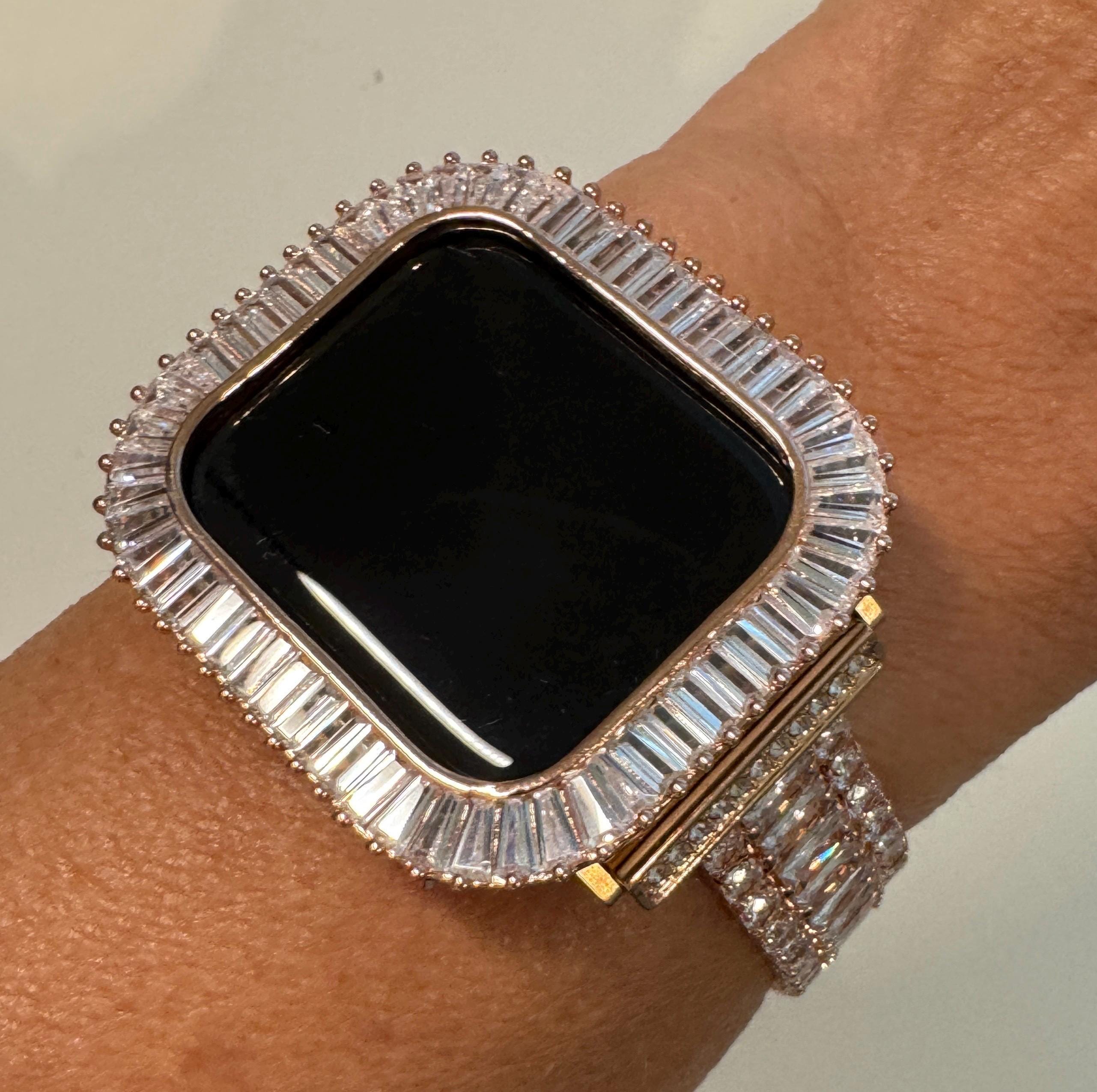 Apple Watch Band Womens Bracelet Swarovski Crystal 14k Rose Gold PL & or Apple Watch Case Lab Diamond Bezel for Iphone Watch 38mm-45mm Bling