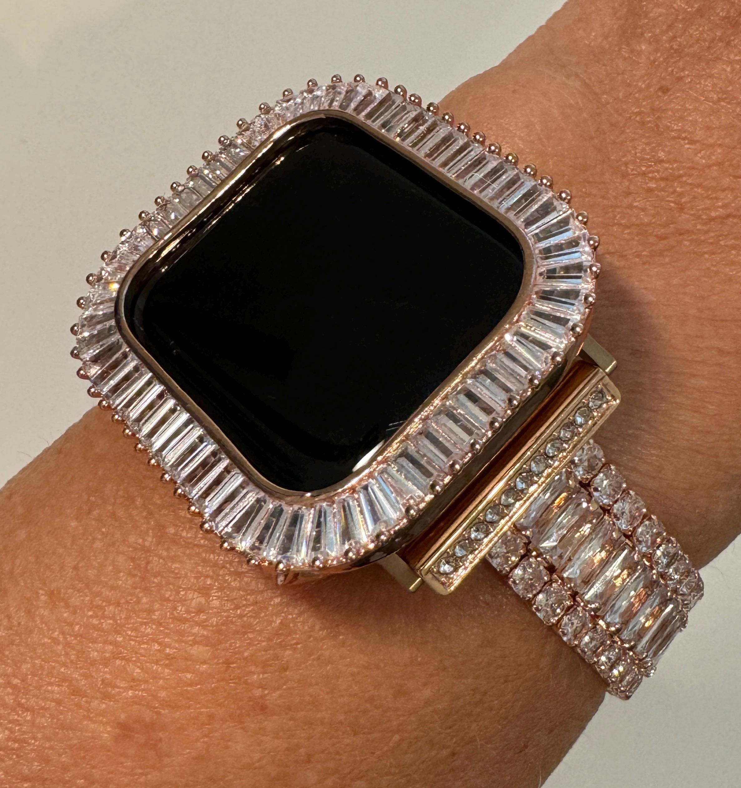 Apple Watch Band Womens Bracelet Swarovski Crystal 14k Rose Gold PL & or Apple Watch Case Lab Diamond Bezel for Iphone Watch 38mm-45mm Bling