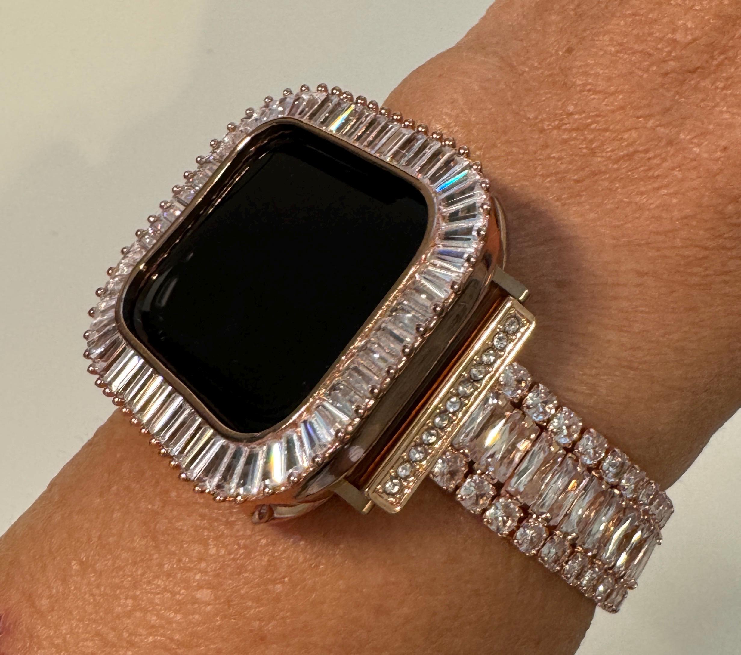 Apple Watch Band Womens Bracelet Swarovski Crystal 14k Rose Gold PL & or Apple Watch Case Lab Diamond Bezel for Iphone Watch 38mm-45mm Bling