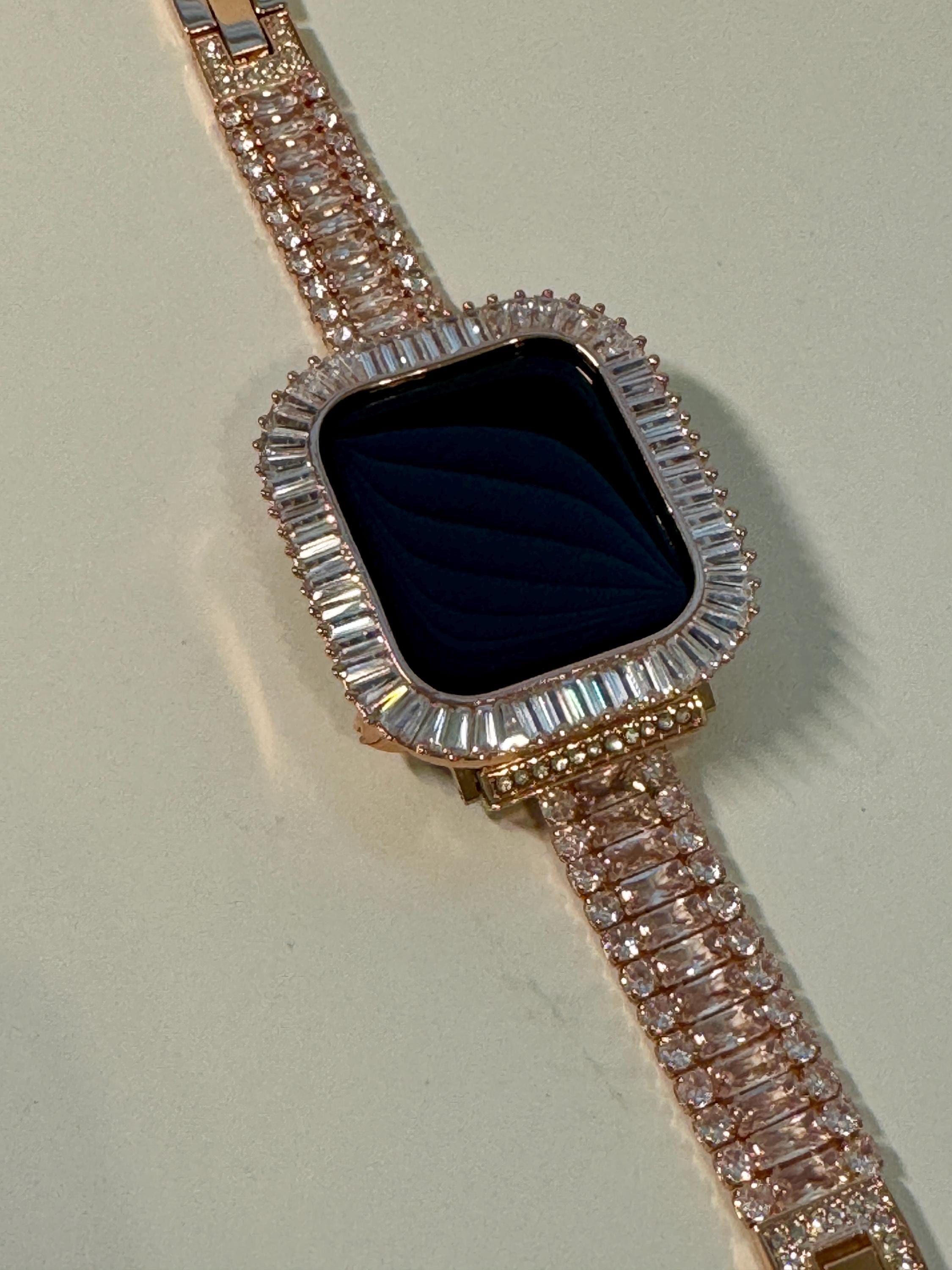 Apple Watch Band Womens Bracelet Swarovski Crystal 14k Rose Gold PL & or Apple Watch Case Lab Diamond Bezel for Iphone Watch 38mm-45mm Bling