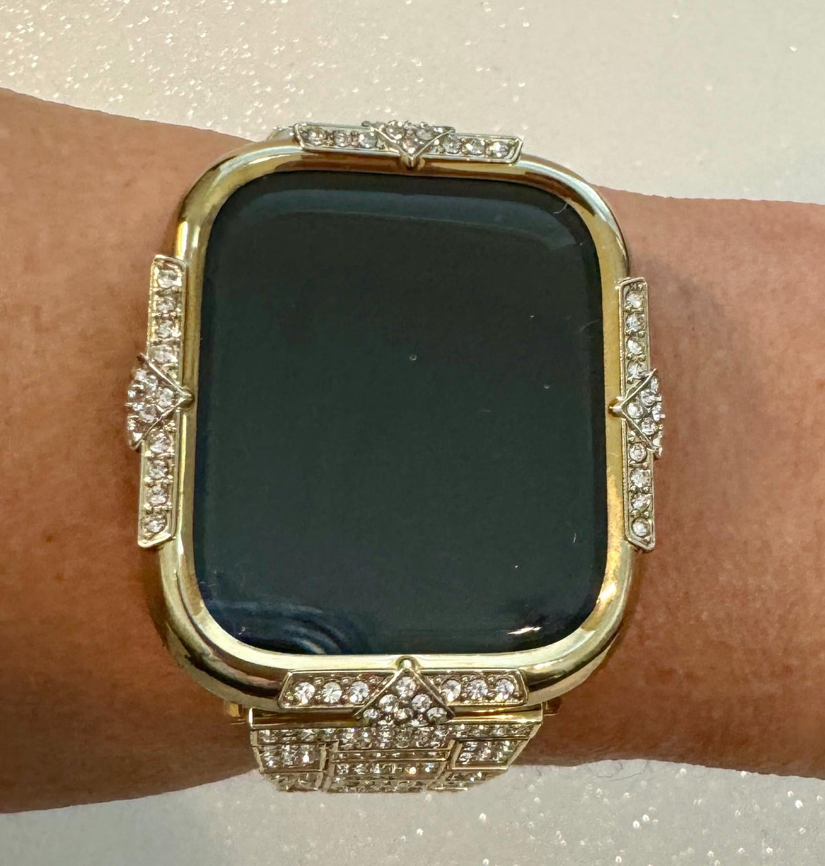 14k Yellow Gold Plated Apple Watch Cover Screen Protector Swarovski Crystal Apple Watch Case 41mm 45mm Tempered Glass Iphone Watch Case