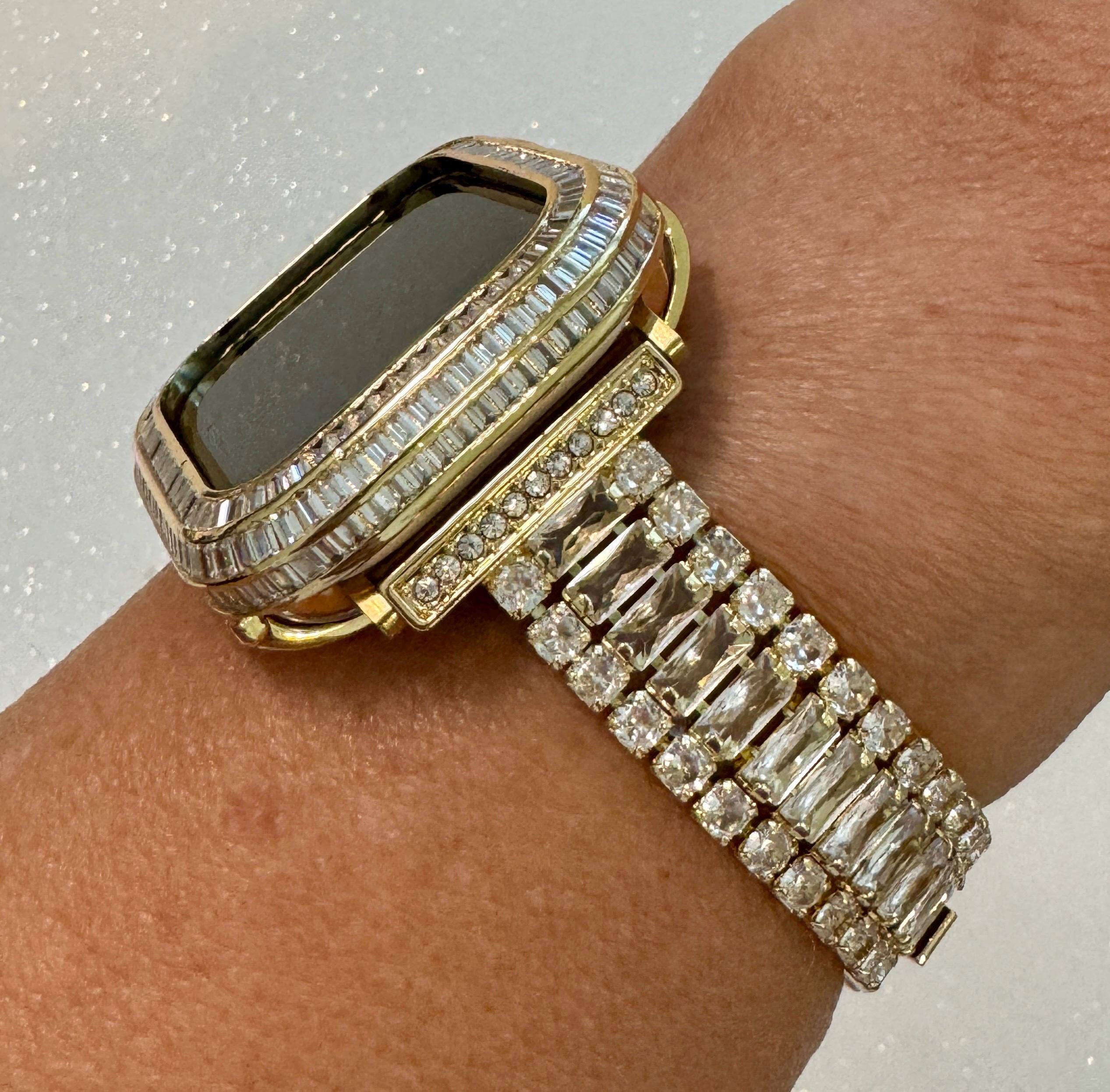 14k Yellow Gold Plated Apple Watch Band Womens Swarovski Crystal & or Apple Watch Case Lab Diamond Bezel for Iphone Watch Cover Iwatch Candy
