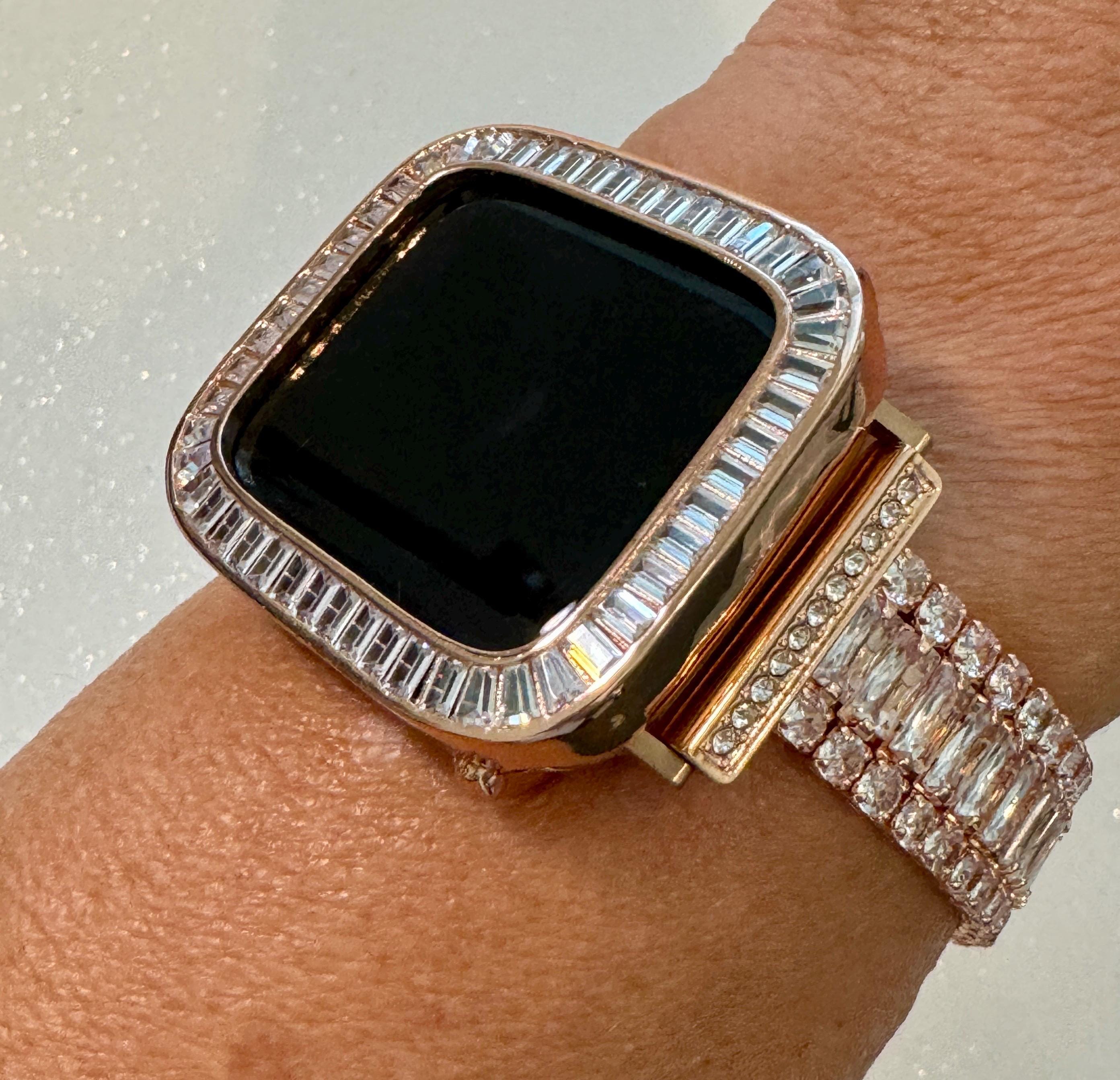 Rose Gold Apple Watch Band Womens Bracelet Baguette Swarovski Crystals & or Apple Watch Case Lab Diamond Bezel for Iphone Watch 38mm-45mm