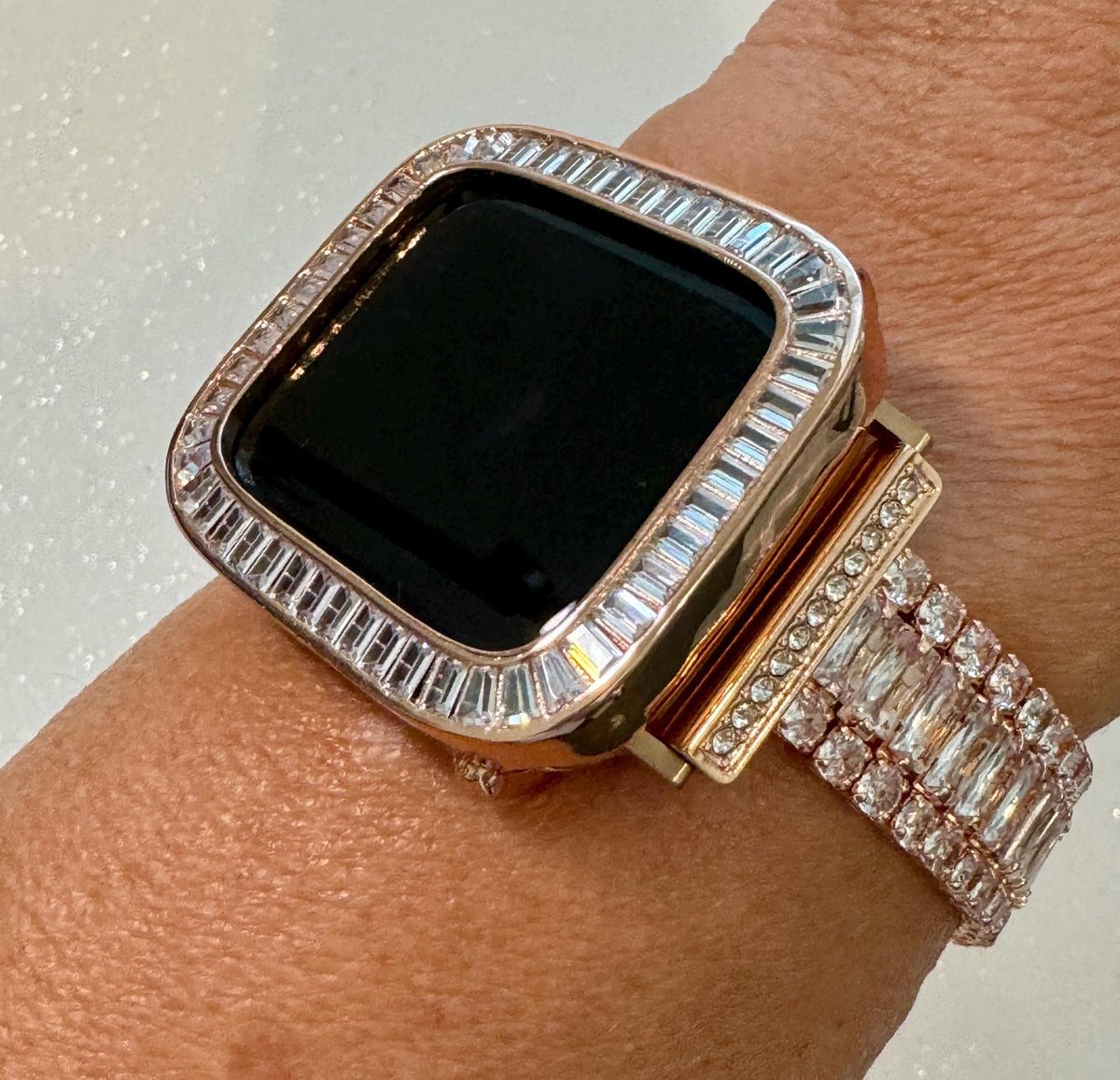 Rose Gold Apple Watch Band Womens Bracelet Baguette Swarovski Crystals & or Apple Watch Case Lab Diamond Bezel for Iphone Watch 38mm-45mm