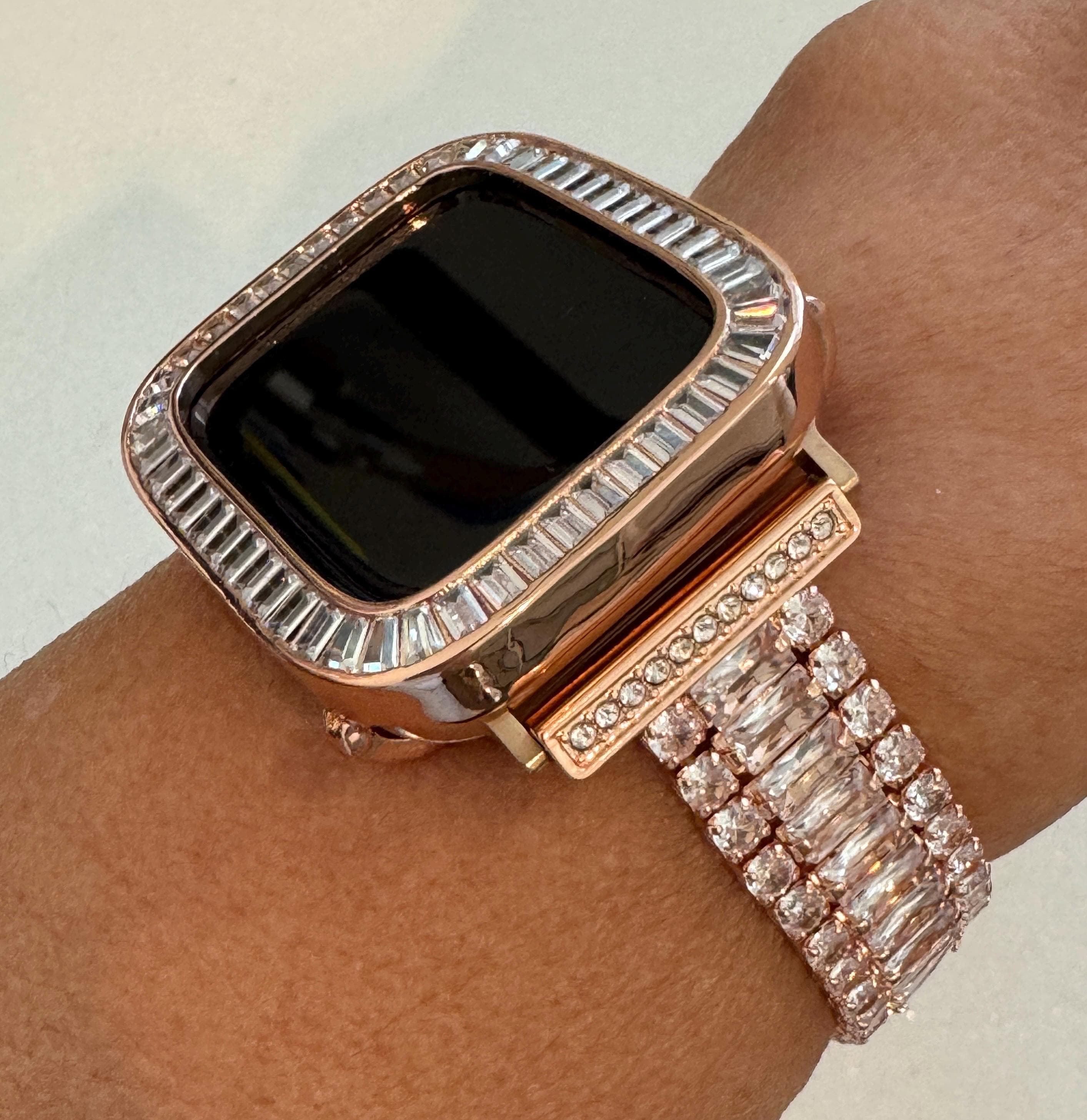 Rose Gold Apple Watch Band Womens Bracelet Baguette Swarovski Crystals & or Apple Watch Case Lab Diamond Bezel for Iphone Watch 38mm-45mm