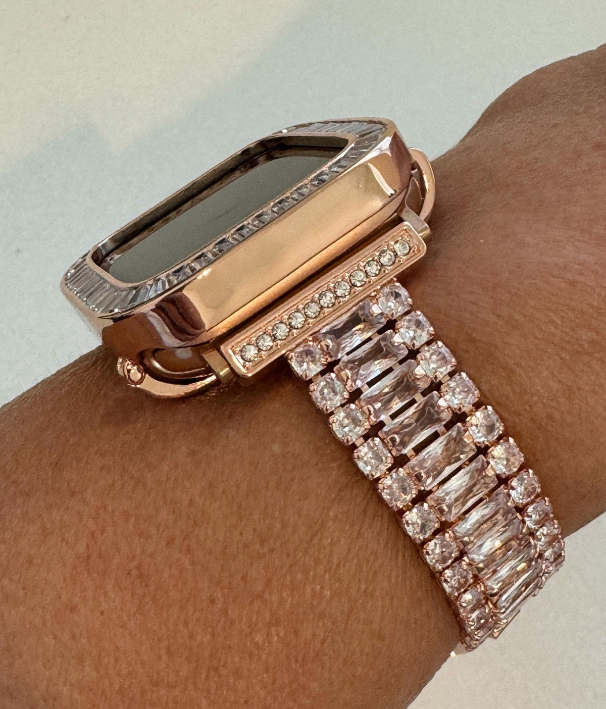 Rose Gold Apple Watch Band Womens Bracelet Baguette Swarovski Crystals & or Apple Watch Case Lab Diamond Bezel for Iphone Watch 38mm-45mm