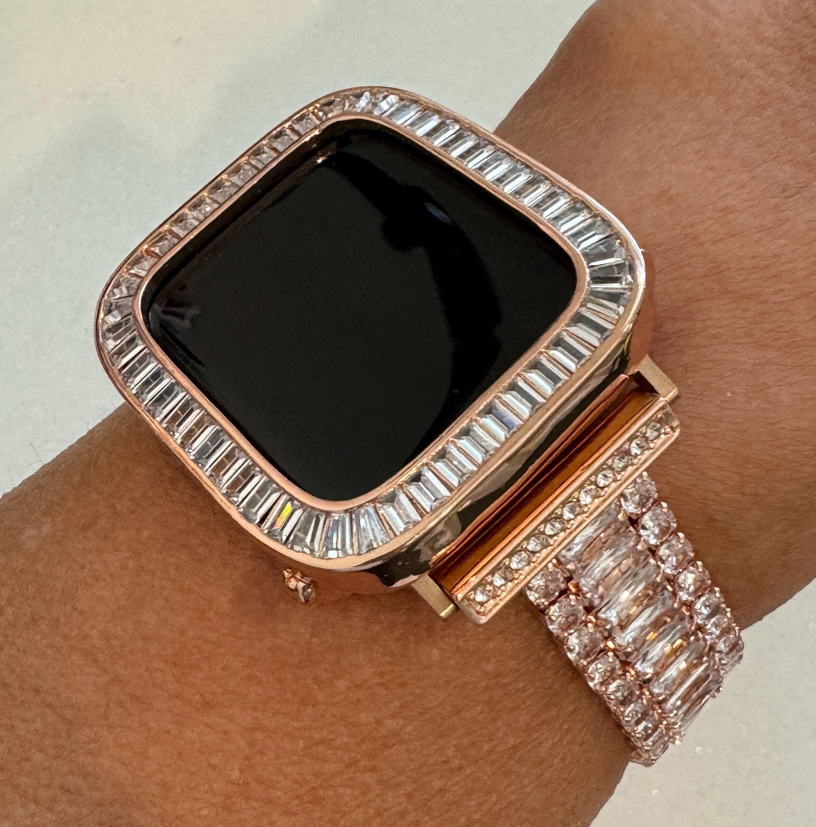 Rose Gold Apple Watch Band Womens Bracelet Baguette Swarovski Crystals & or Apple Watch Case Lab Diamond Bezel for Iphone Watch 38mm-45mm