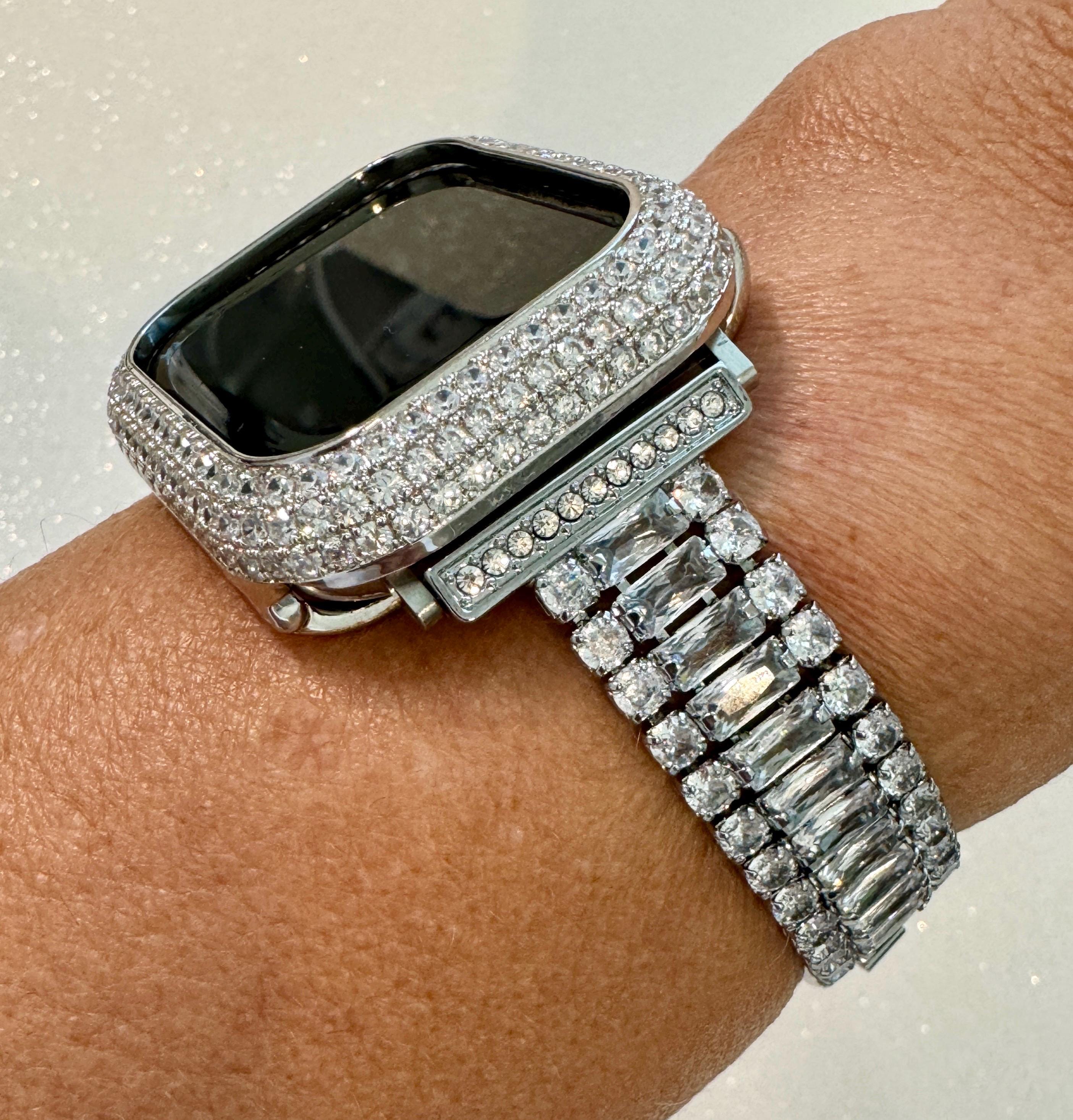 14k White Gold Plated Apple Watch Band Womens Silver Swarovski Crystals & or Apple Watch Case Lab Diamond Bezel Iphone Watch 38mm-49mm Ultra