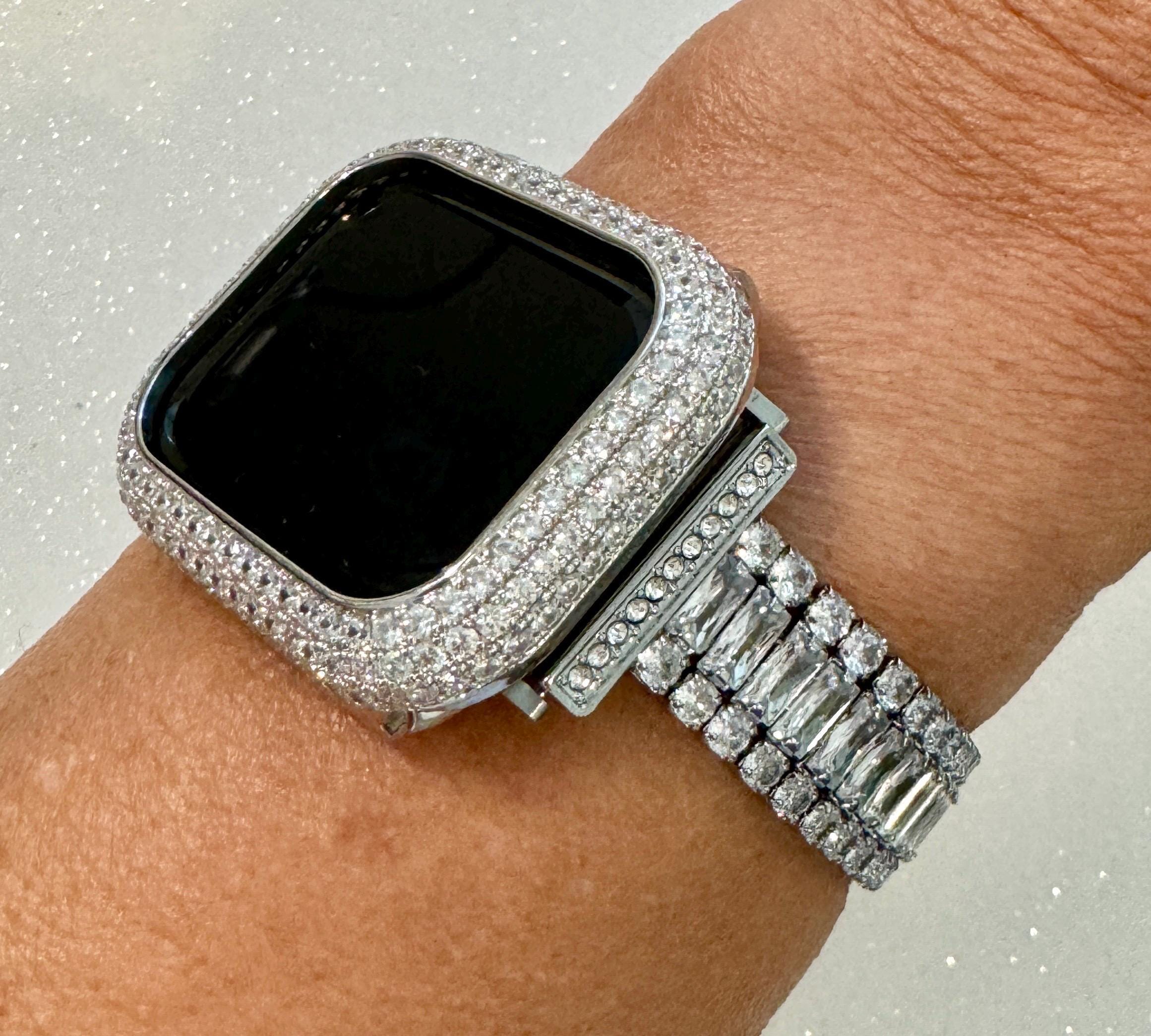 14k White Gold Plated Apple Watch Band Womens Silver Swarovski Crystals & or Apple Watch Case Lab Diamond Bezel Iphone Watch 38mm-49mm Ultra