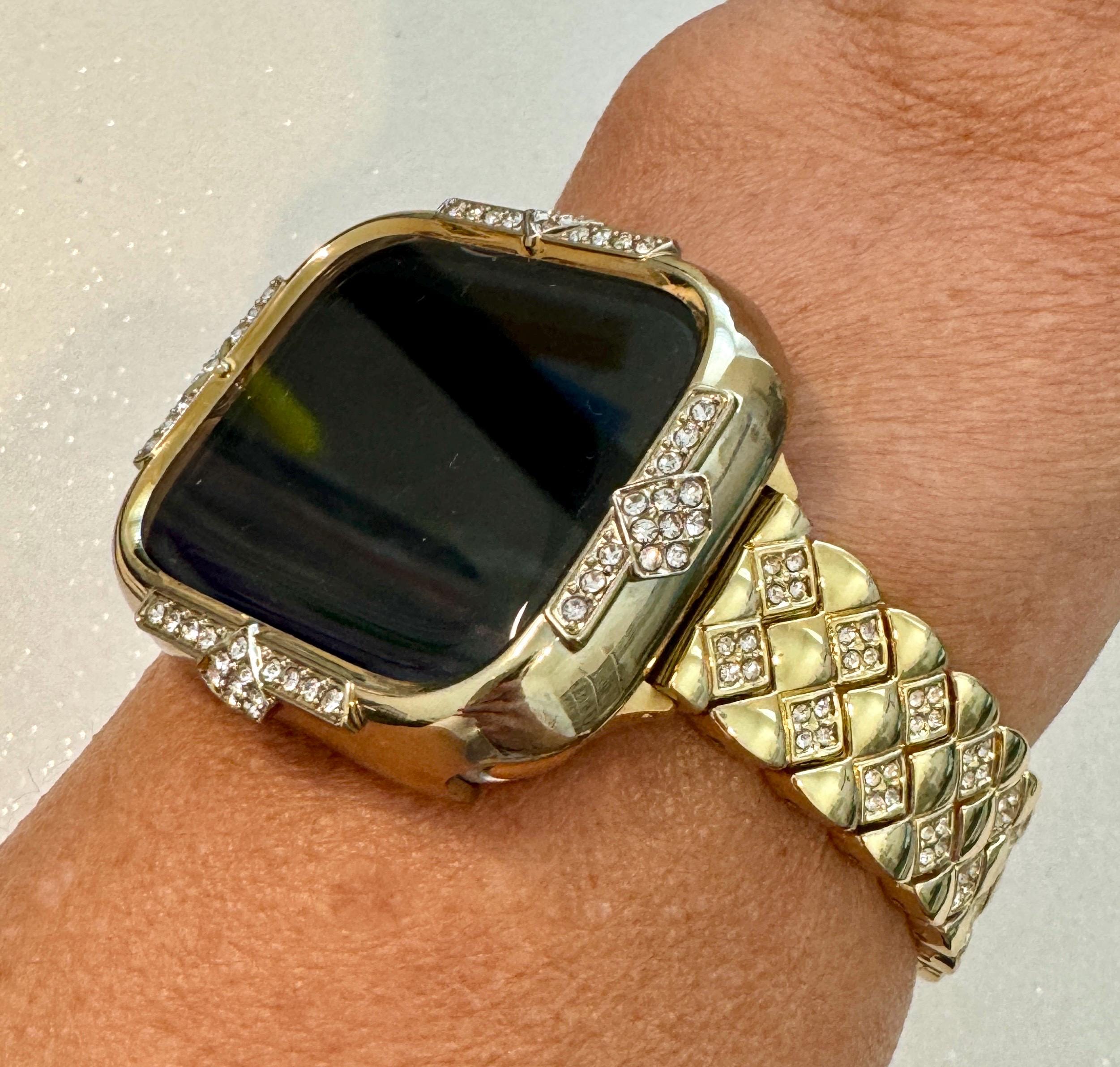 Yellow Gold Apple Watch Band Womens Bracelet Swarovski Crystals & or Apple Watch Case Crystal Iphone Watch Cover Tempered Glass Iwatch Candy