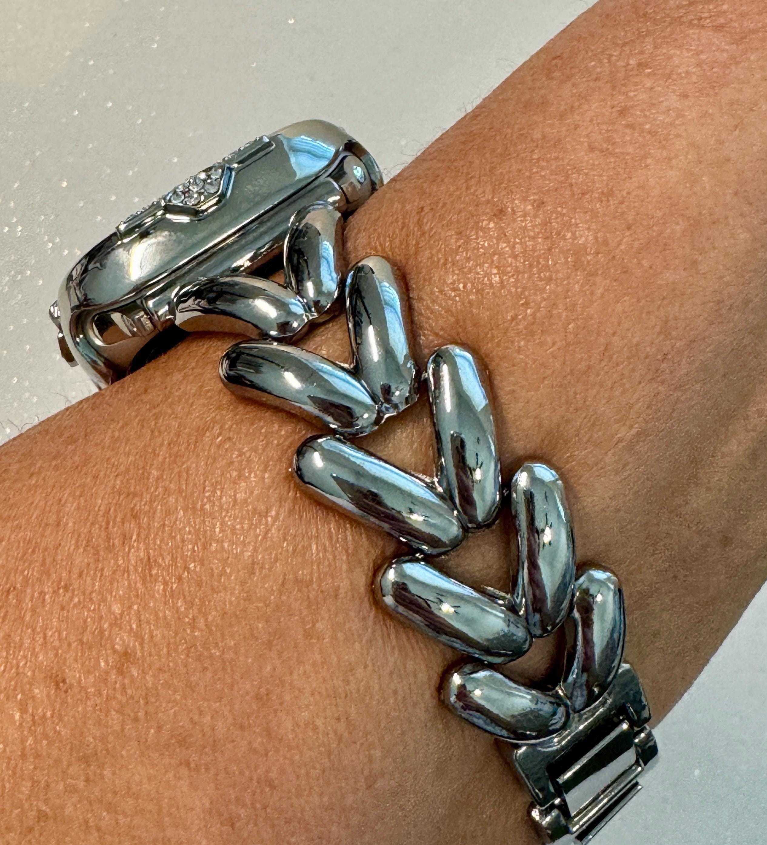 14K White Gold Plated Apple Watch Band Womens Bracelet Minimalist & or Apple Watch Case Swarovski Crystals Tempered Glass Screen Protector