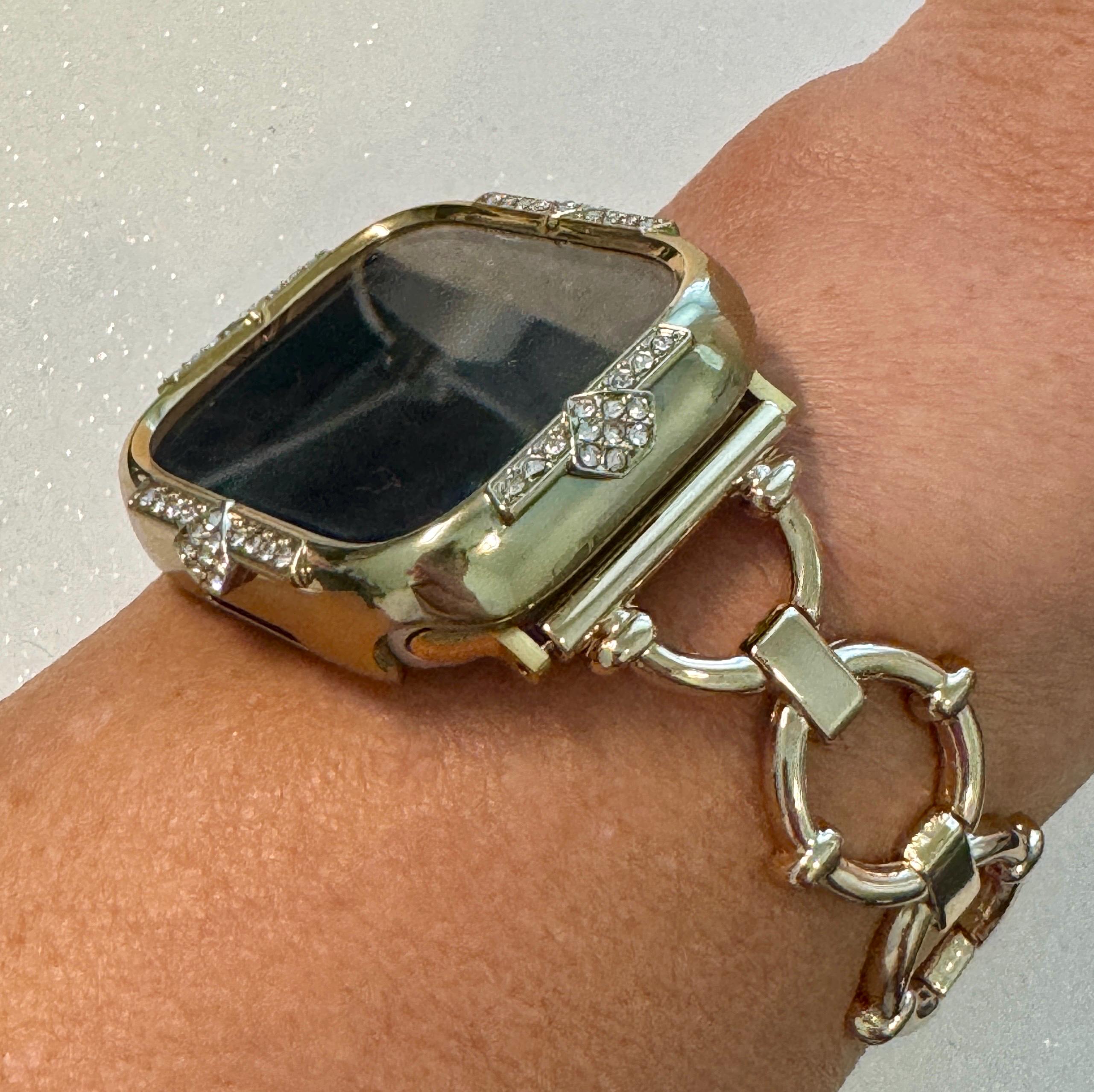 Minimalist 14K Gold Apple Watch Band Womens Bracelet 41mm 45mm & or Apple Watch Case Swarovski Crystals 40mm 44mm Screen Protector Bling