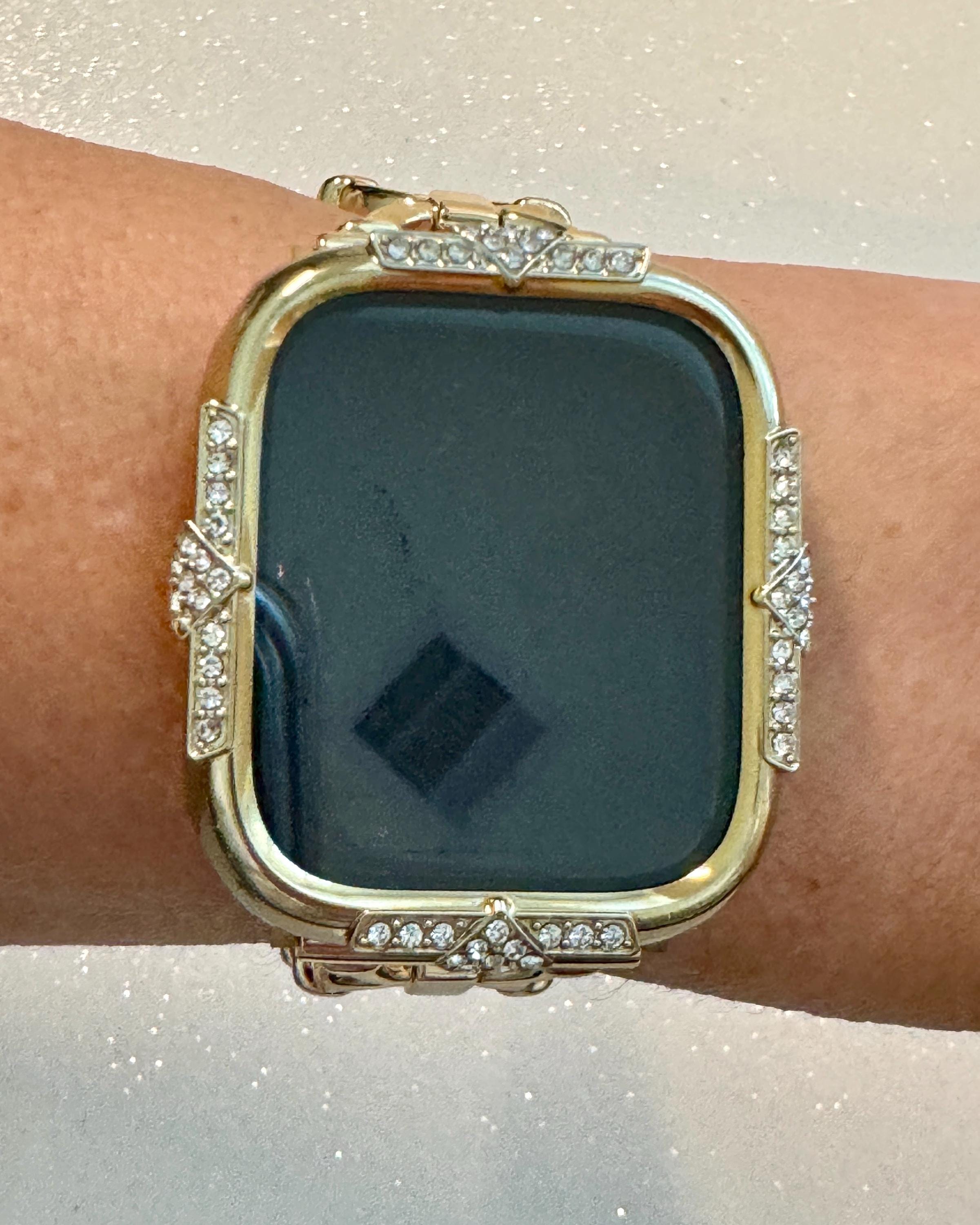 Minimalist 14K Gold Apple Watch Band Womens Bracelet 41mm 45mm & or Apple Watch Case Swarovski Crystals 40mm 44mm Screen Protector Bling