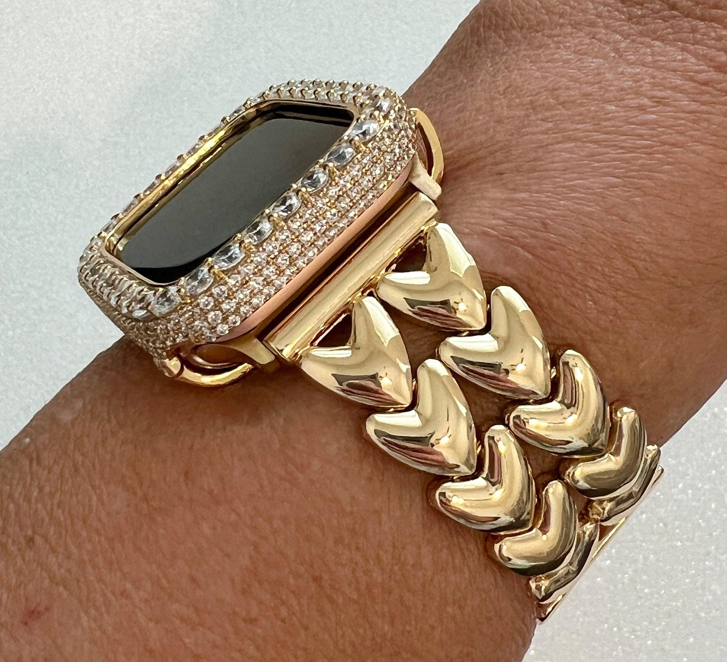 Gold Apple Watch Band Double Row Hearts Bracelet, Iphone Watch Band, Iwatch band & or Apple Watch Case 3.5mm Lab Diamond Bezel Cover Gift