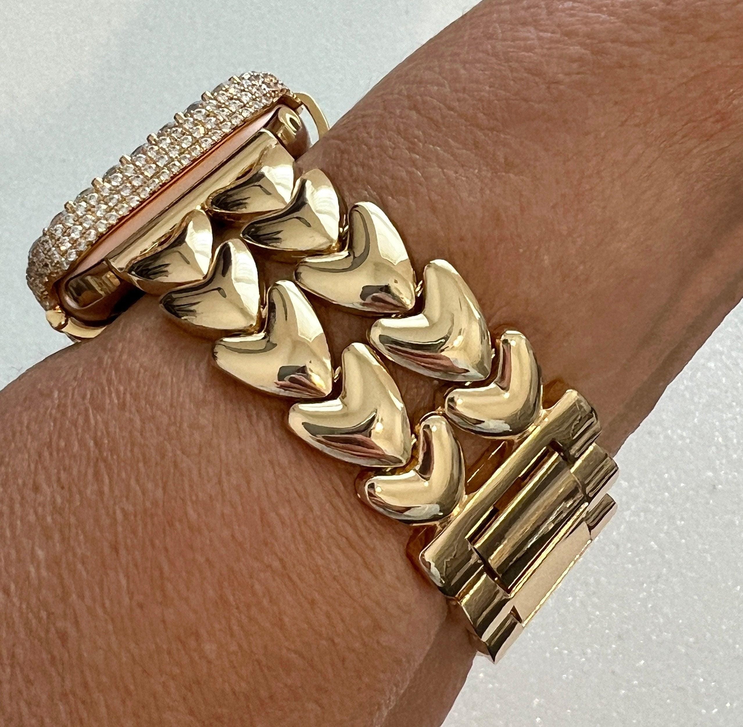 Gold Apple Watch Band Double Row Hearts Bracelet, Iphone Watch Band, Iwatch band & or Apple Watch Case 3.5mm Lab Diamond Bezel Cover Gift