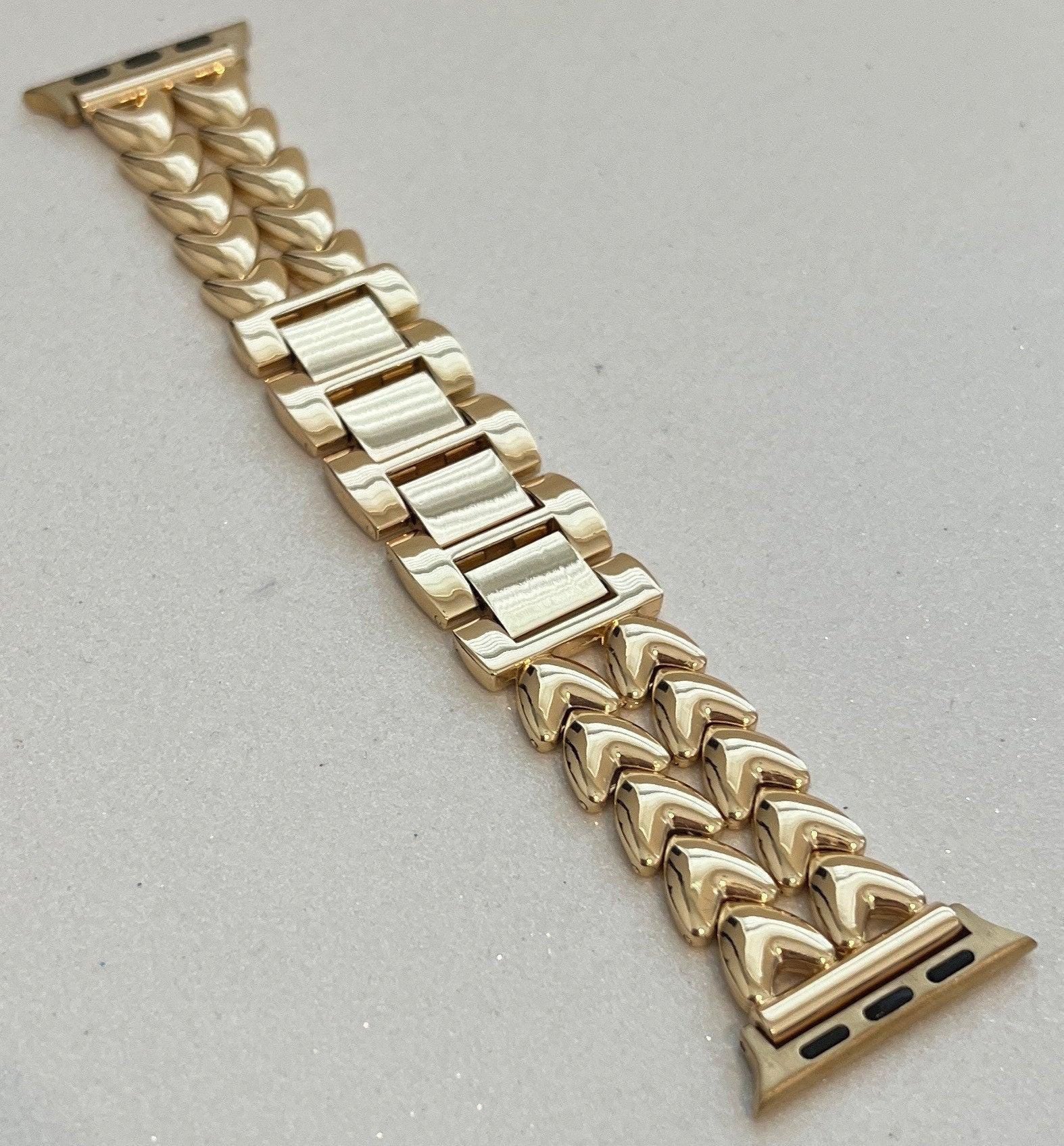 Gold Apple Watch Band Double Row Hearts Bracelet, Iphone Watch Band, Iwatch band & or Apple Watch Case 3.5mm Lab Diamond Bezel Cover Gift