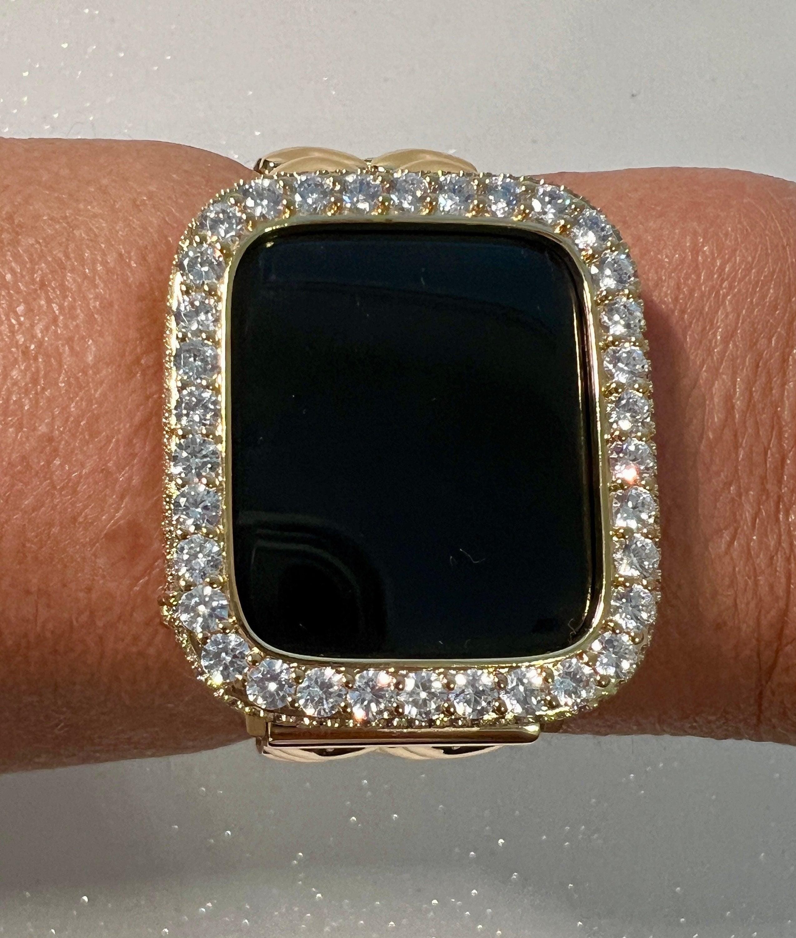 Gold Apple Watch Band Double Row Hearts Bracelet, Iphone Watch Band, Iwatch band & or Apple Watch Case 3.5mm Lab Diamond Bezel Cover Gift