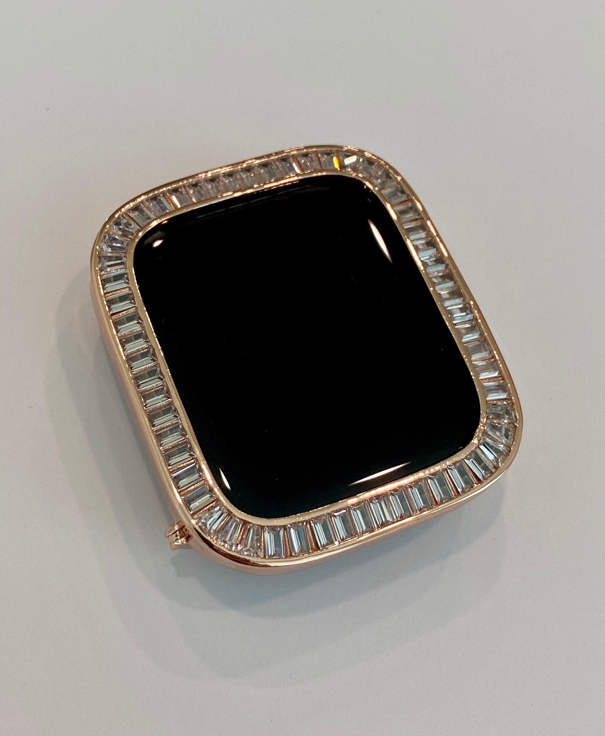 Luxury Apple Watch Band Women Rose Gold 38mm-45mm, Iwatch Phone band Bracelet & or Apple Watch Case Baguette Lab Diamond Bezel Minimalist