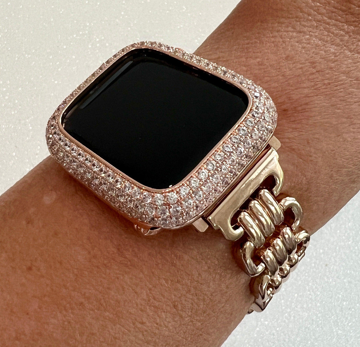 Rose Gold Designer Apple Watch Band Link Bracelet, Iphone Watch Band & or Apple Watch Case Lab Diamonds Bezel Iwatch Phone Cover Minimalist