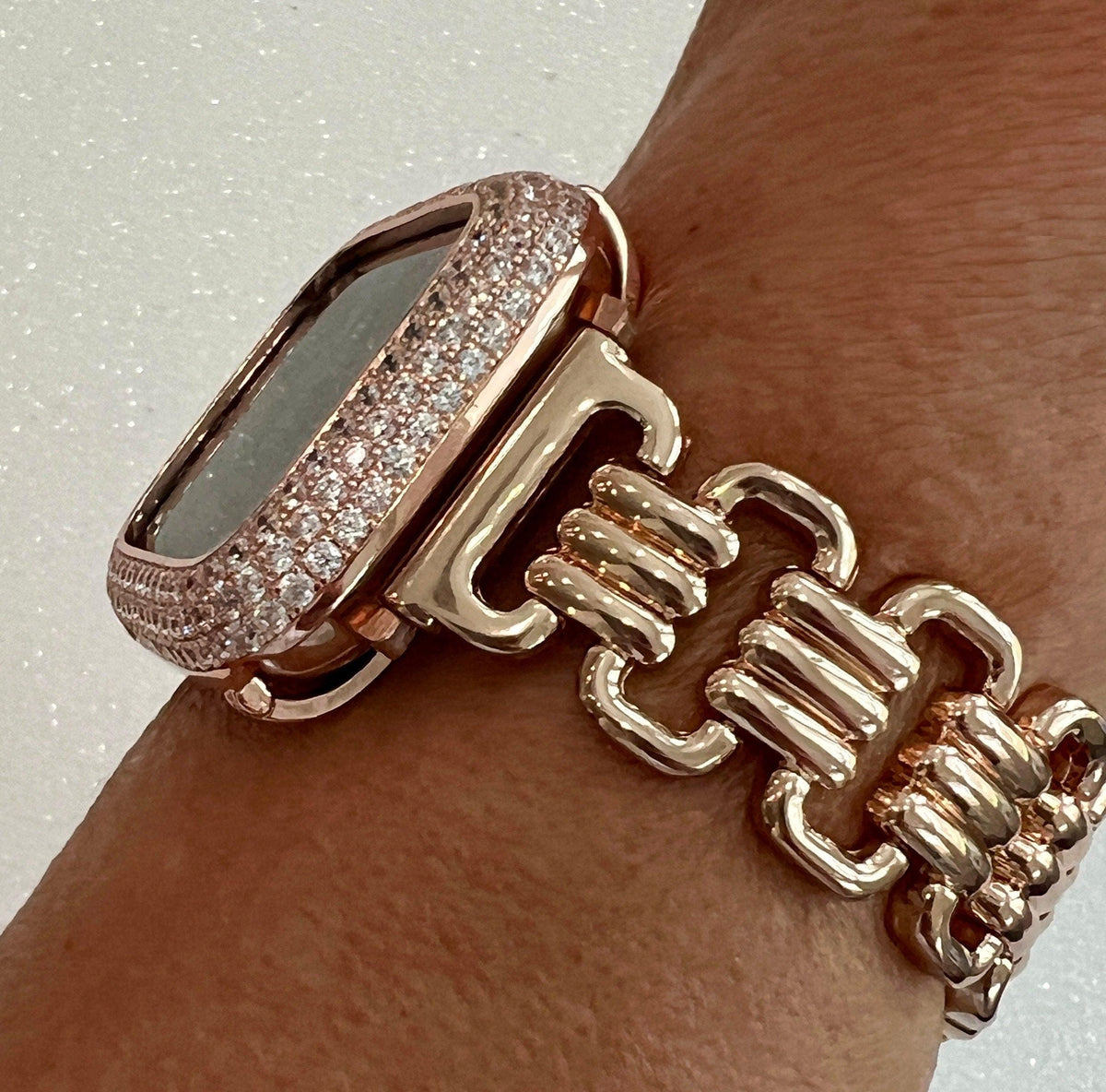 Rose Gold Designer Apple Watch Band Link Bracelet, Iphone Watch Band & or Apple Watch Case Lab Diamonds Bezel Iwatch Phone Cover Minimalist