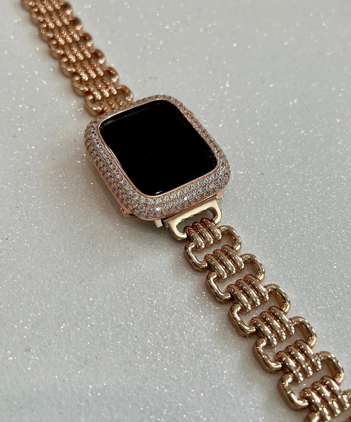 Rose Gold Designer Apple Watch Band Link Bracelet, Iphone Watch Band & or Apple Watch Case Lab Diamonds Bezel Iwatch Phone Cover Minimalist