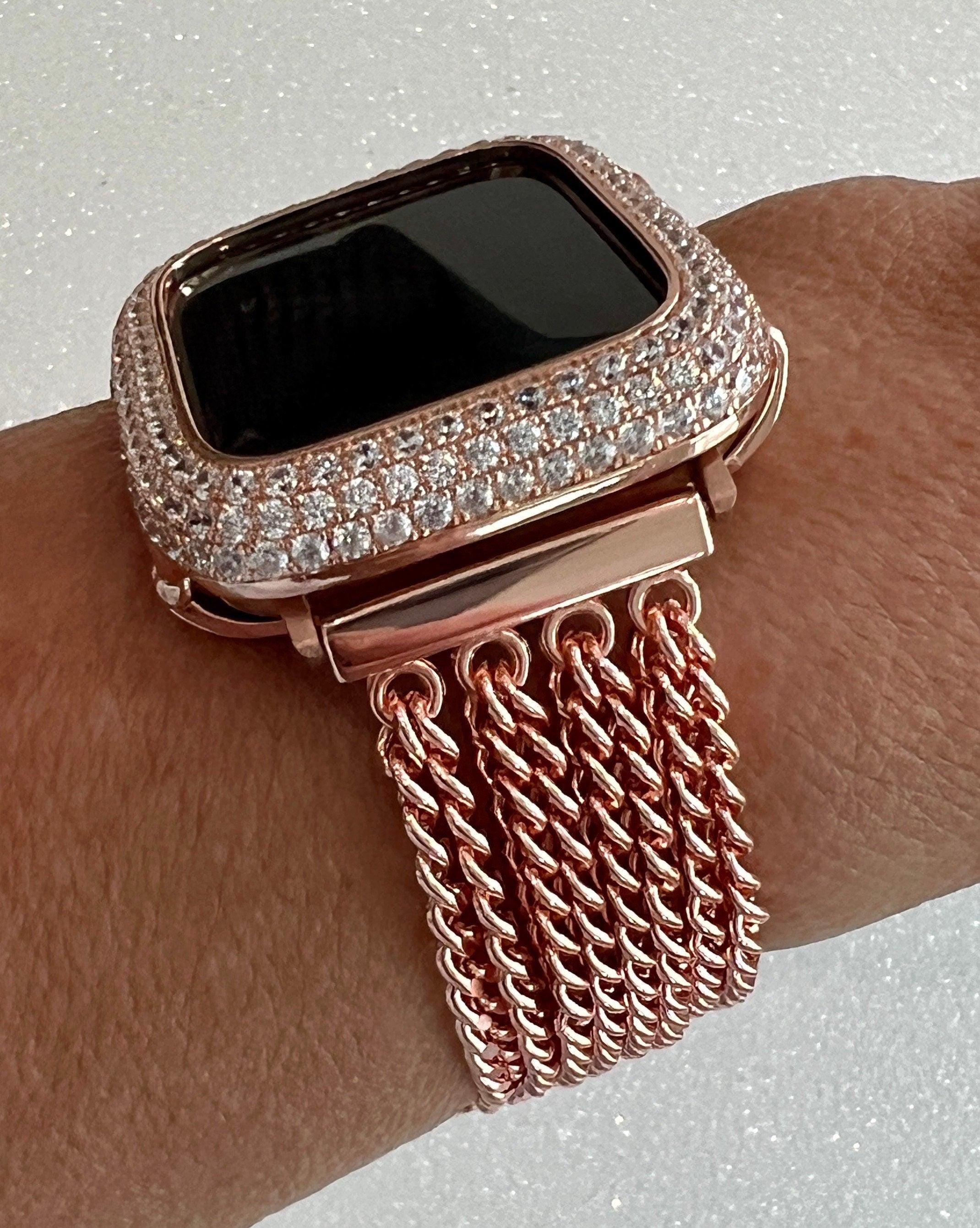 Rose Gold Apple Watch Band Women Chain Link 38mm-49mm Ultra, Iwatch Phone band & or Apple Watch Case Lab Diamond Bezel Cover Minimalist