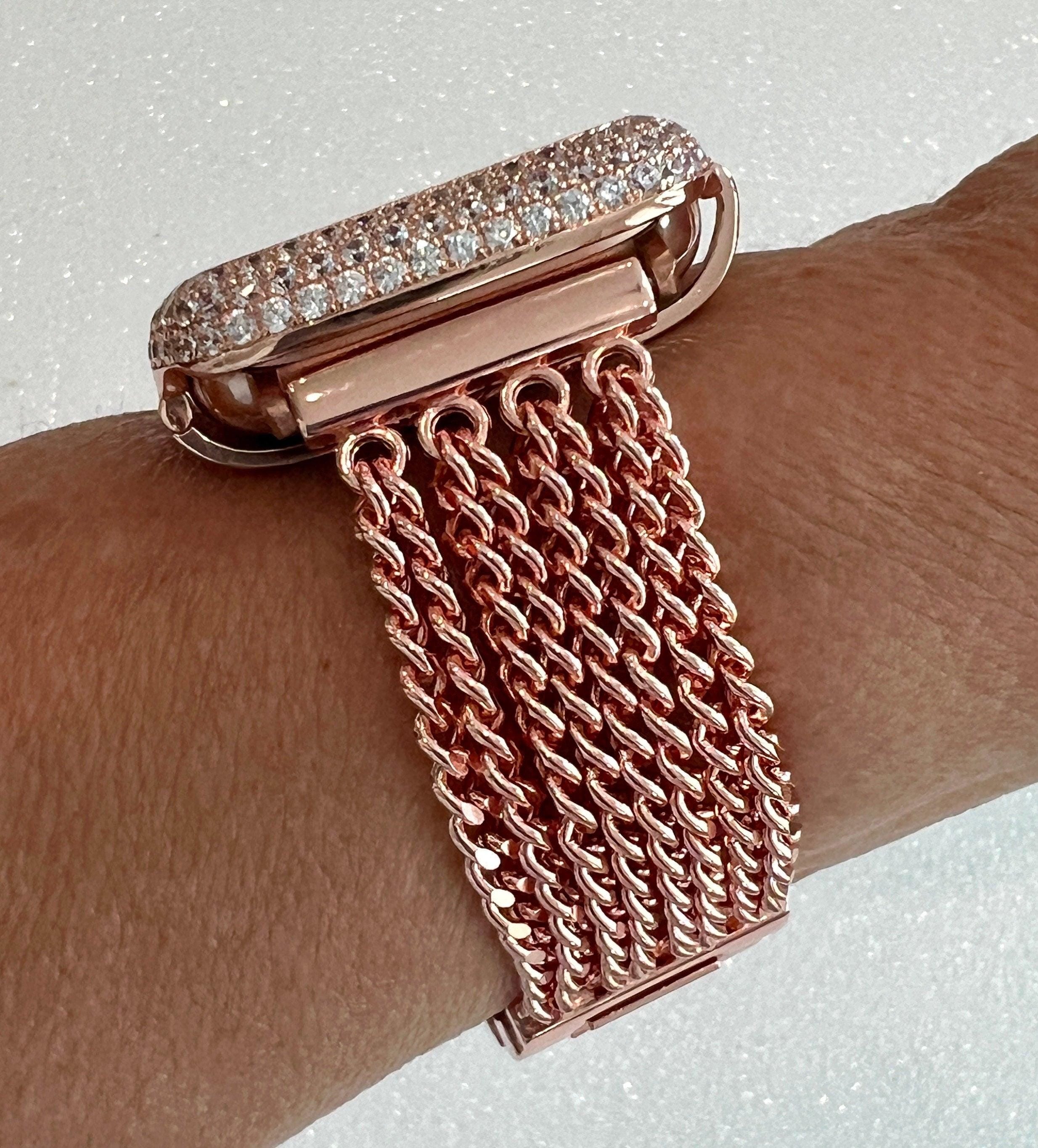 Rose Gold Apple Watch Band Women Chain Link 38mm-49mm Ultra, Iwatch Phone band & or Apple Watch Case Lab Diamond Bezel Cover Minimalist