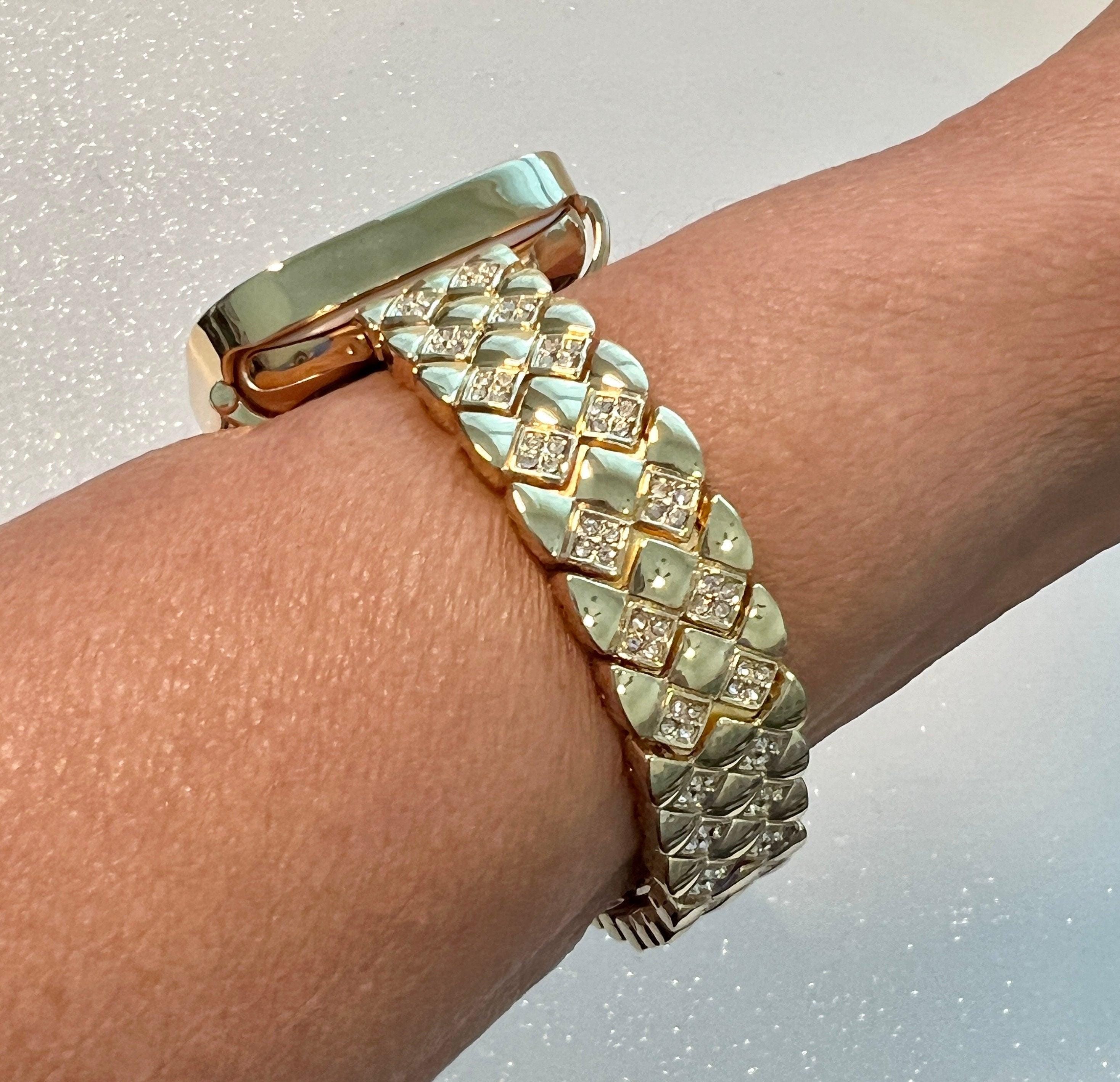 Yellow Gold Apple Watch Band Womens Crystal Bracelet & or Apple Watch Case Baguette Lab Diamond Bumper Cover Iwatch Candy Bling