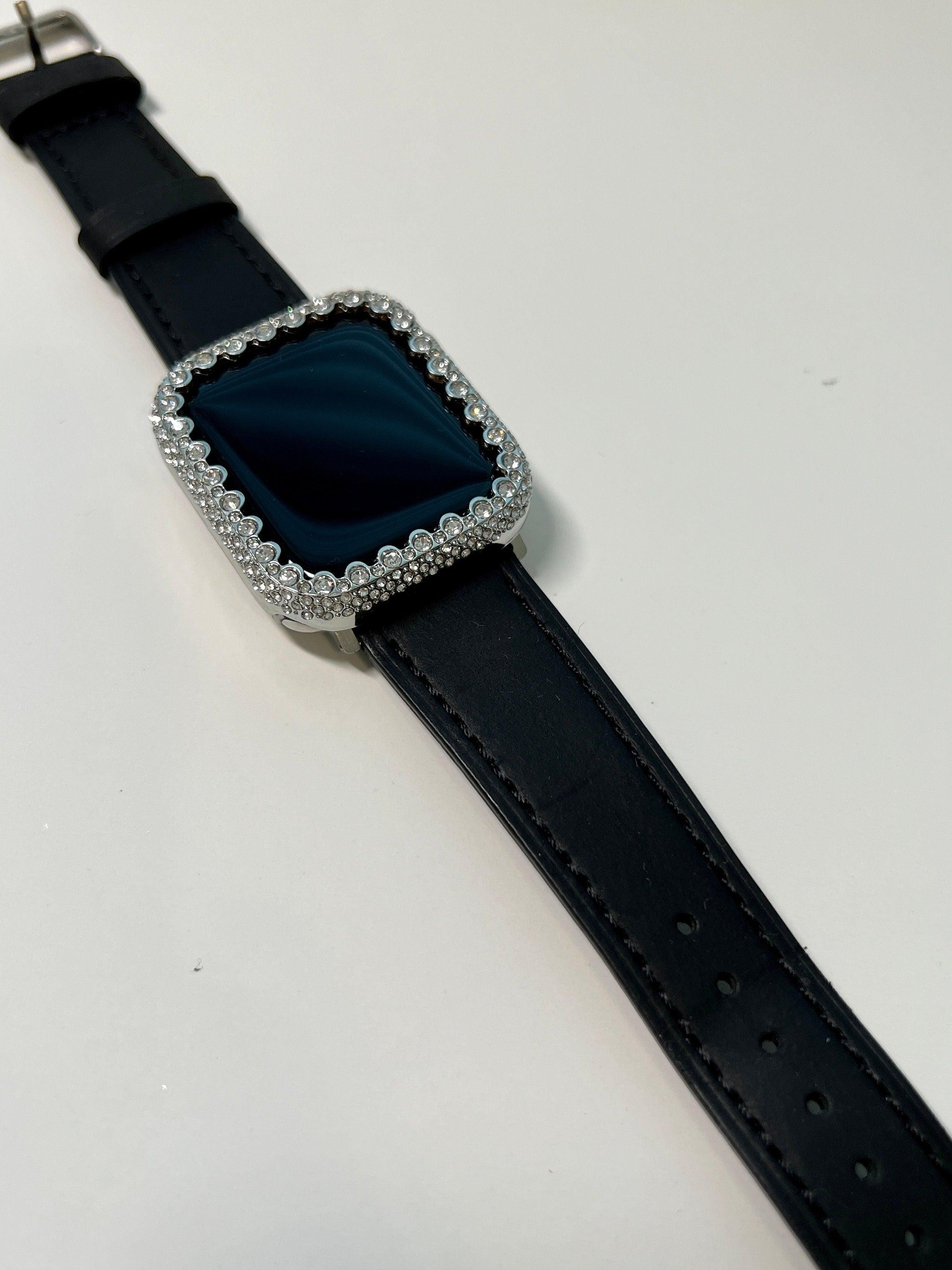 Apple Watch Band Womens Black Leather & or Apple Watch Case Swarovski Crystals Apple Watch Cover Iwatch Watch Candy Bling 38mm-45mm Series 9