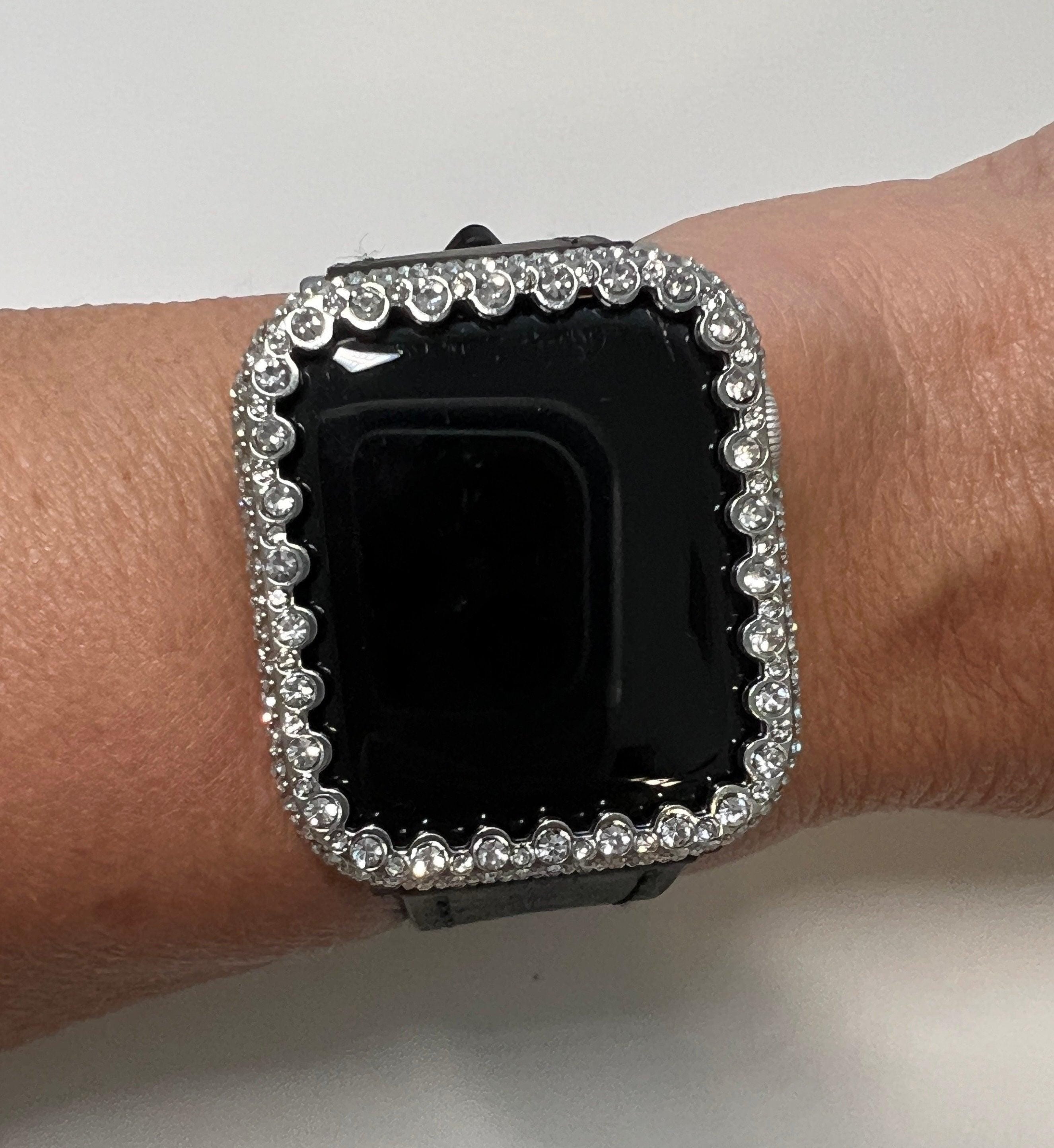 Apple Watch Band Womens Black Leather & or Apple Watch Case Swarovski Crystals Apple Watch Cover Iwatch Watch Candy Bling 38mm-45mm Series 9