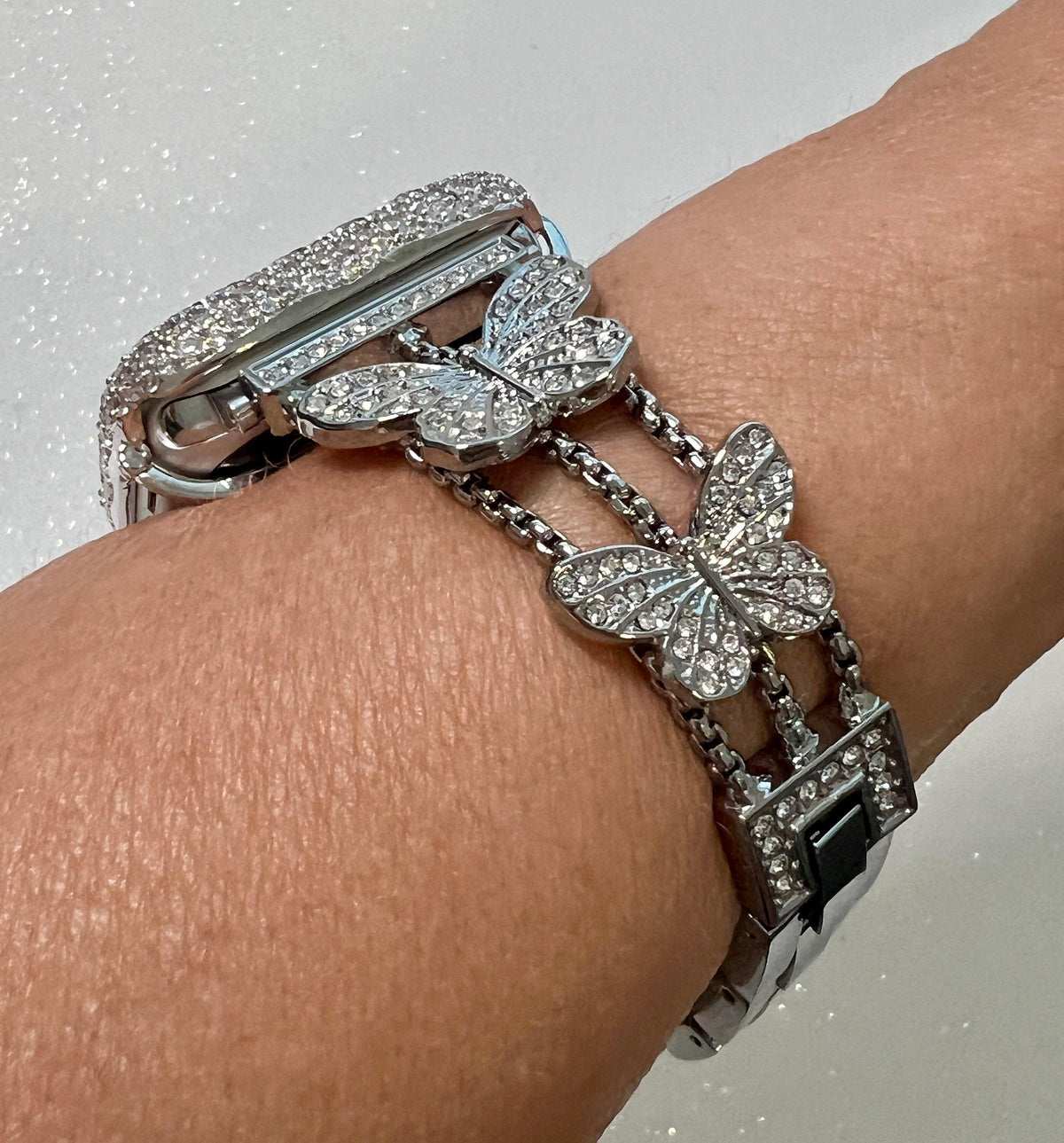 Apple Watch Band 49mm Woman Silver Butterfly Swarovski Crystal & or Apple Watch Case Pave Lab Diamonds Apple Watch Cover Iwatch Candy Bling