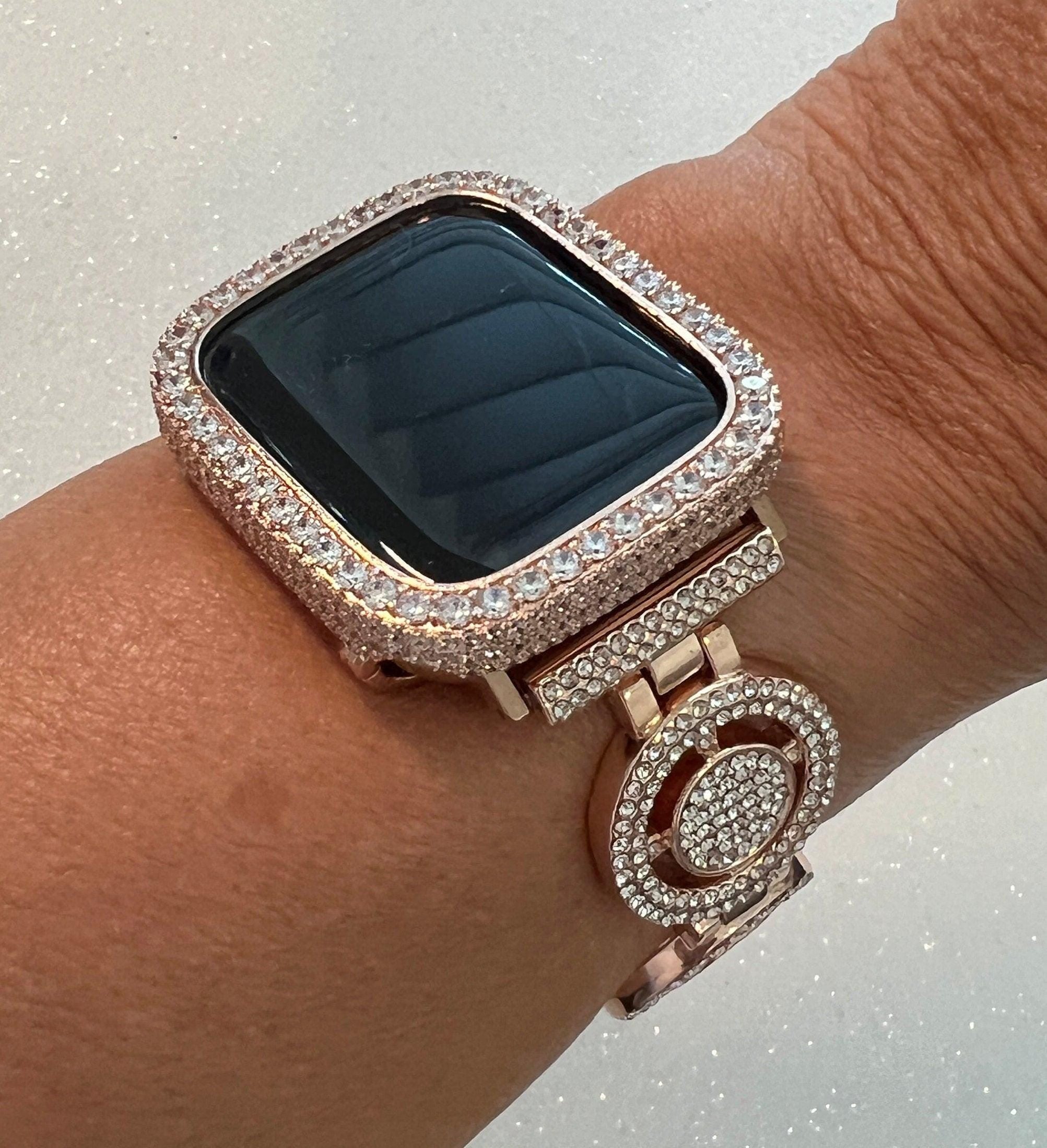 Pave Rose Gold Apple Watch Band Womens Swarovski Crystals 38-49mm & or Apple Watch Cover Lab Diamond Bezel Iphone Watch Case Iwatch Candy